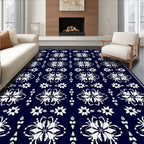 Deep Navy White Floral Medallion Repeat Rug