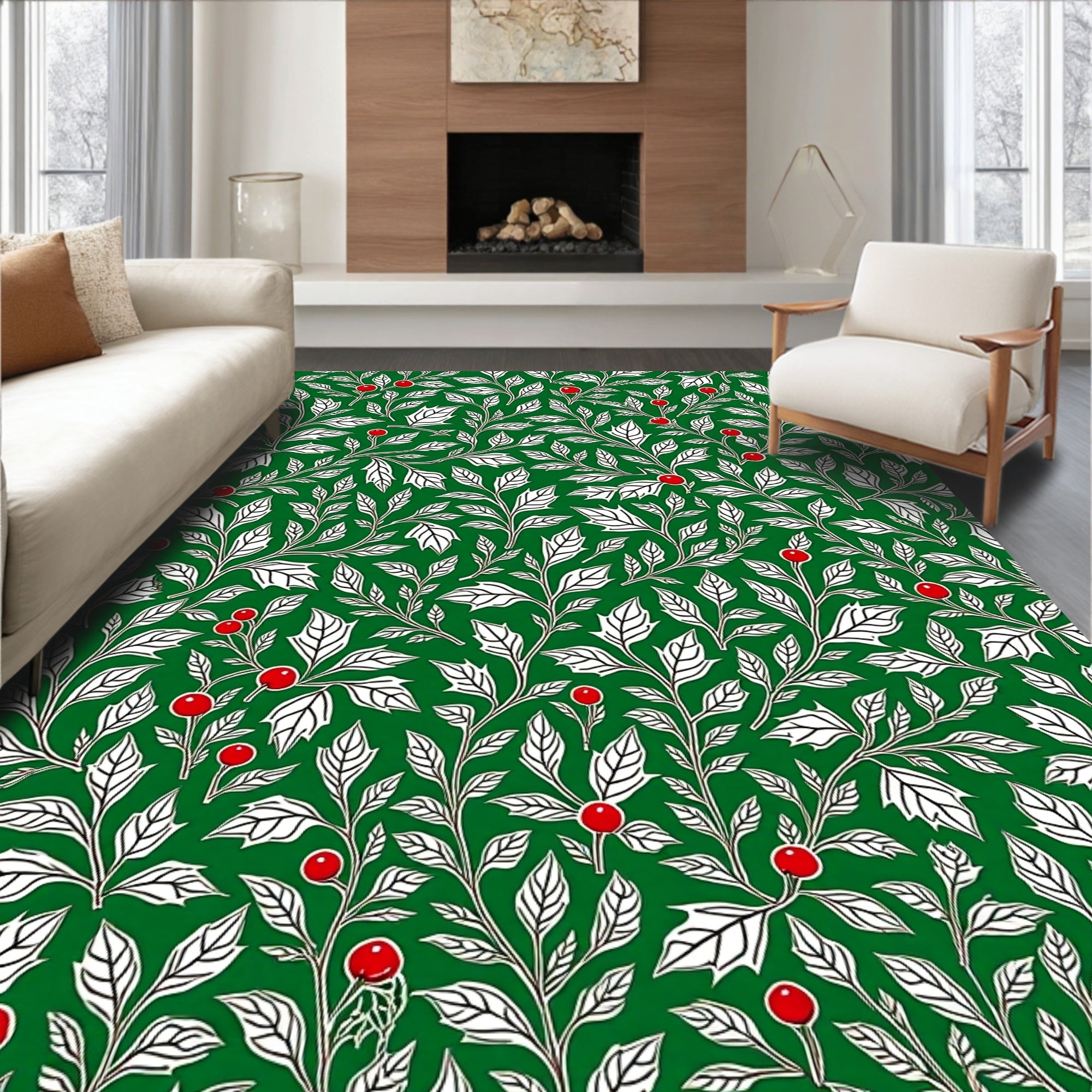 Emerald Green Holly Berry Foliage Rug