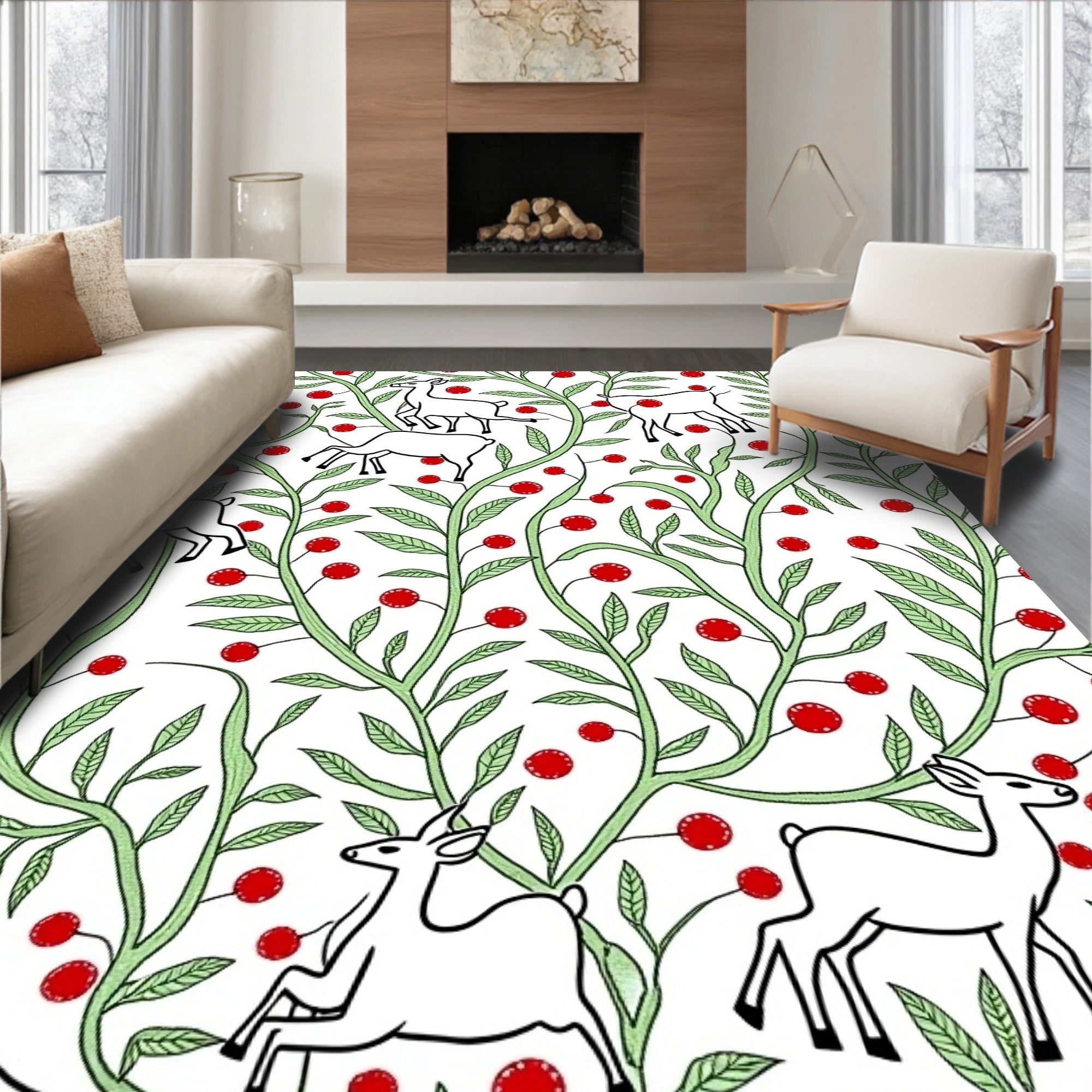 Whimsical White Deer Berry Vines Rug