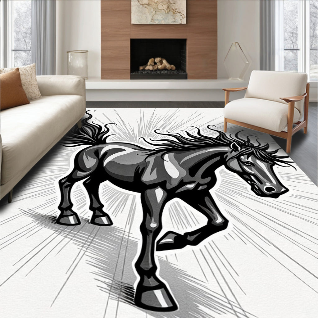 Bold Black Horse Dynamic Motion Rug