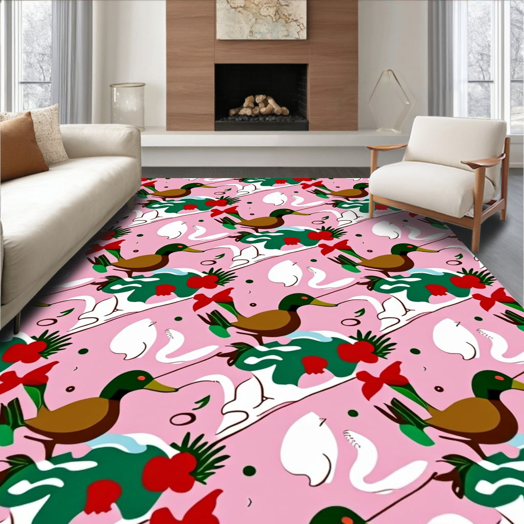 Whimsical Pink Duck Swan Christmas Rug
