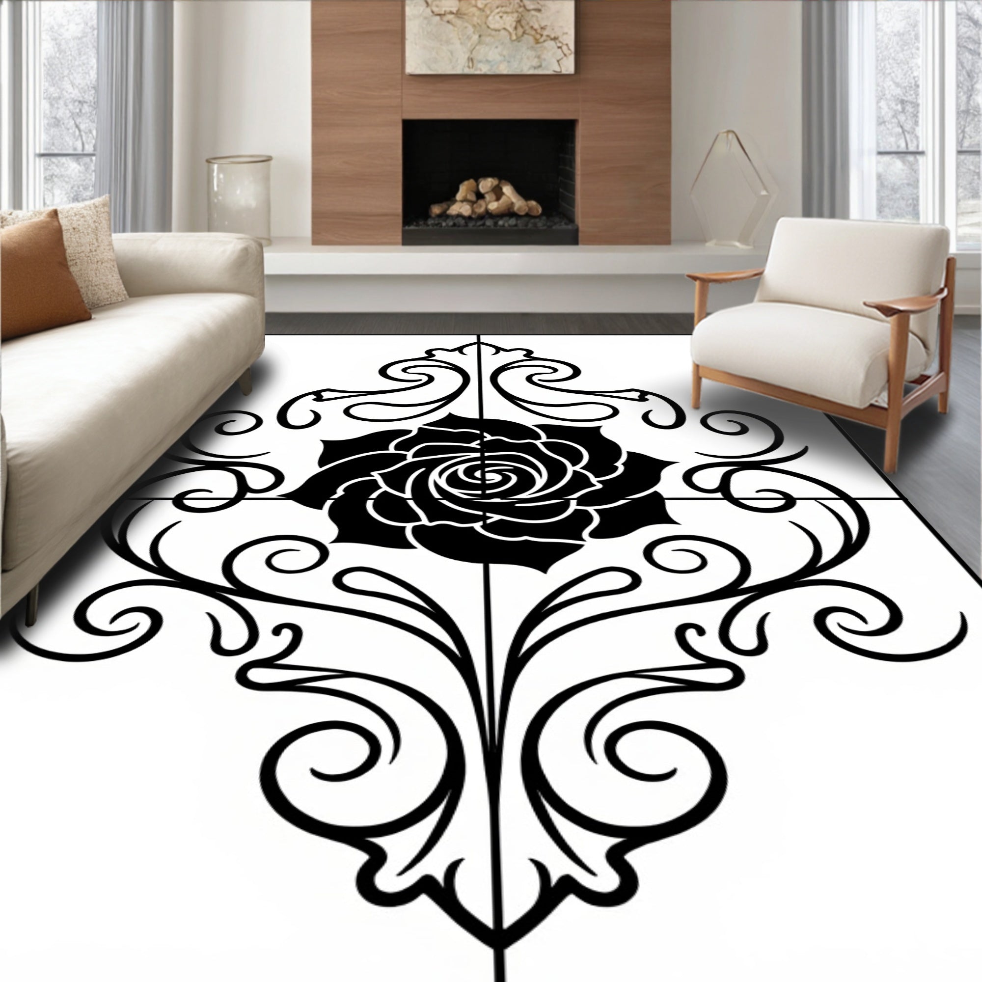 Black Rose Floral Scrollwork Medallion Rug