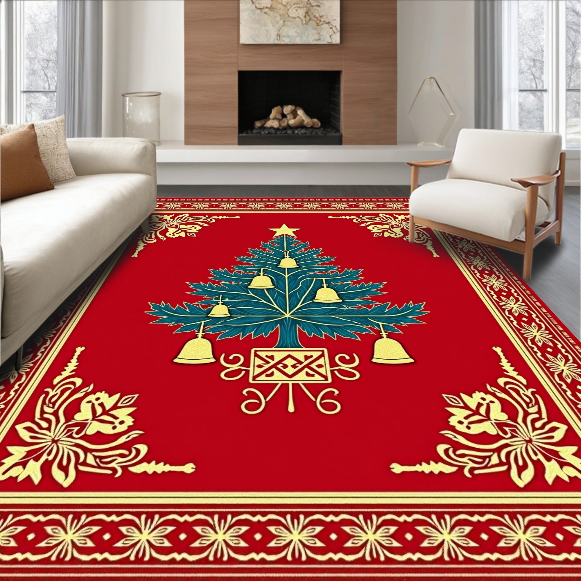Red Emerald Christmas Tree Bell Border Rug