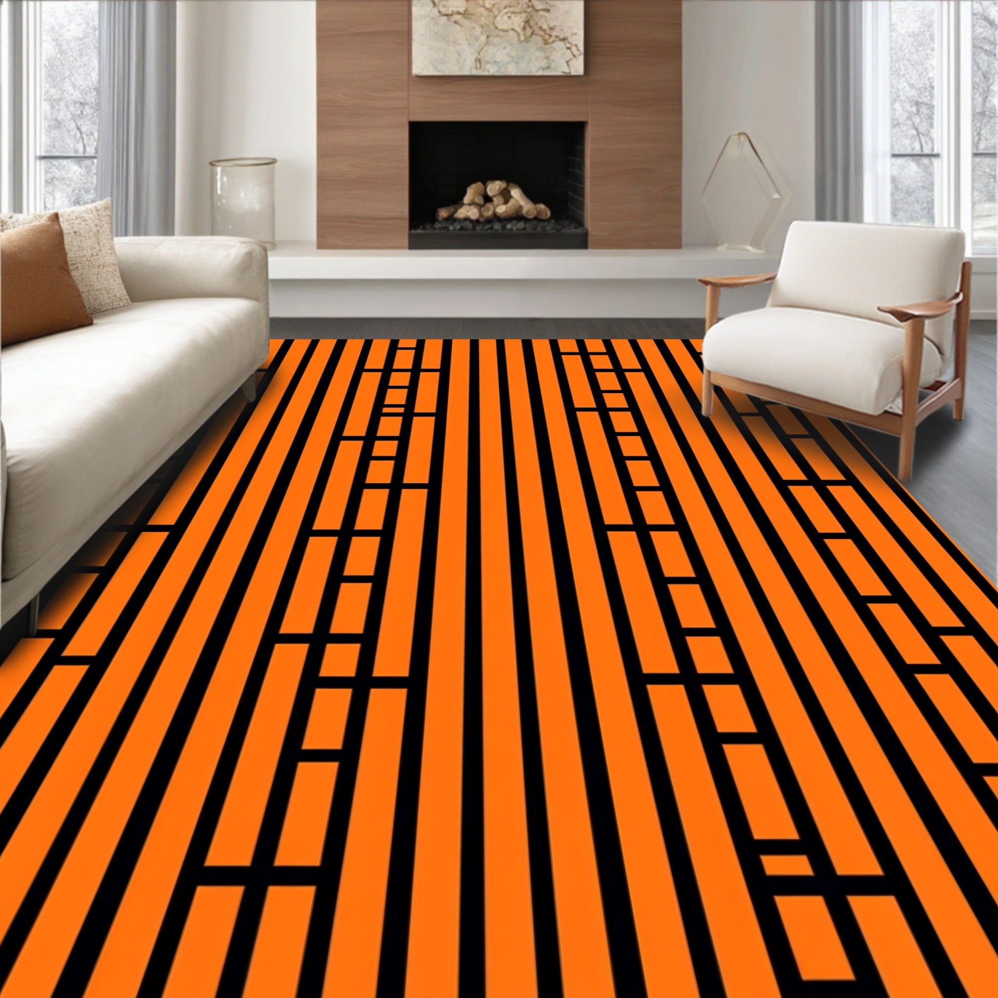 Bold Orange Vertical Stripe Accents Rug