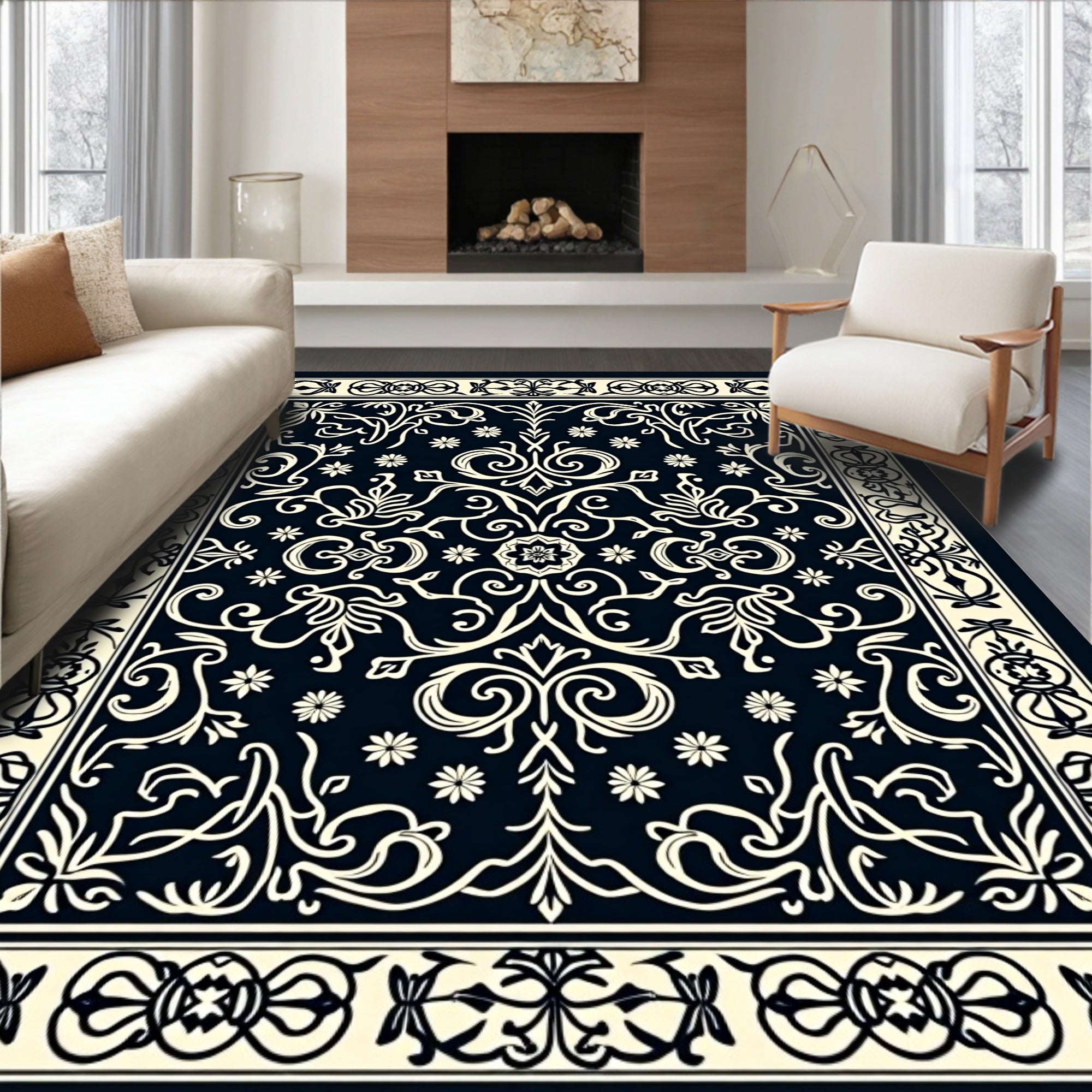 Elegant Black Cream Floral Scroll Rug
