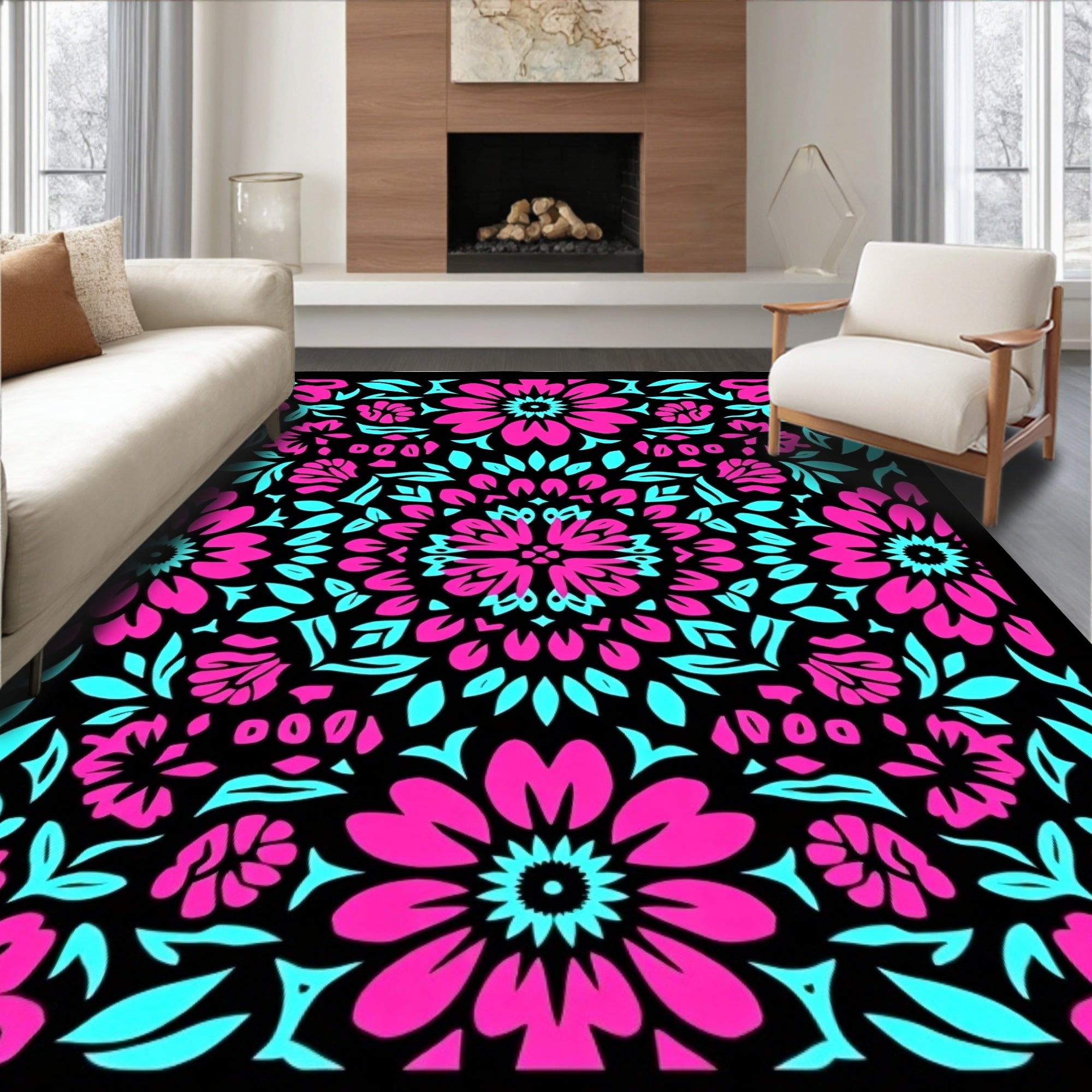 Hot Pink Cyan Bloom Geometry Rug