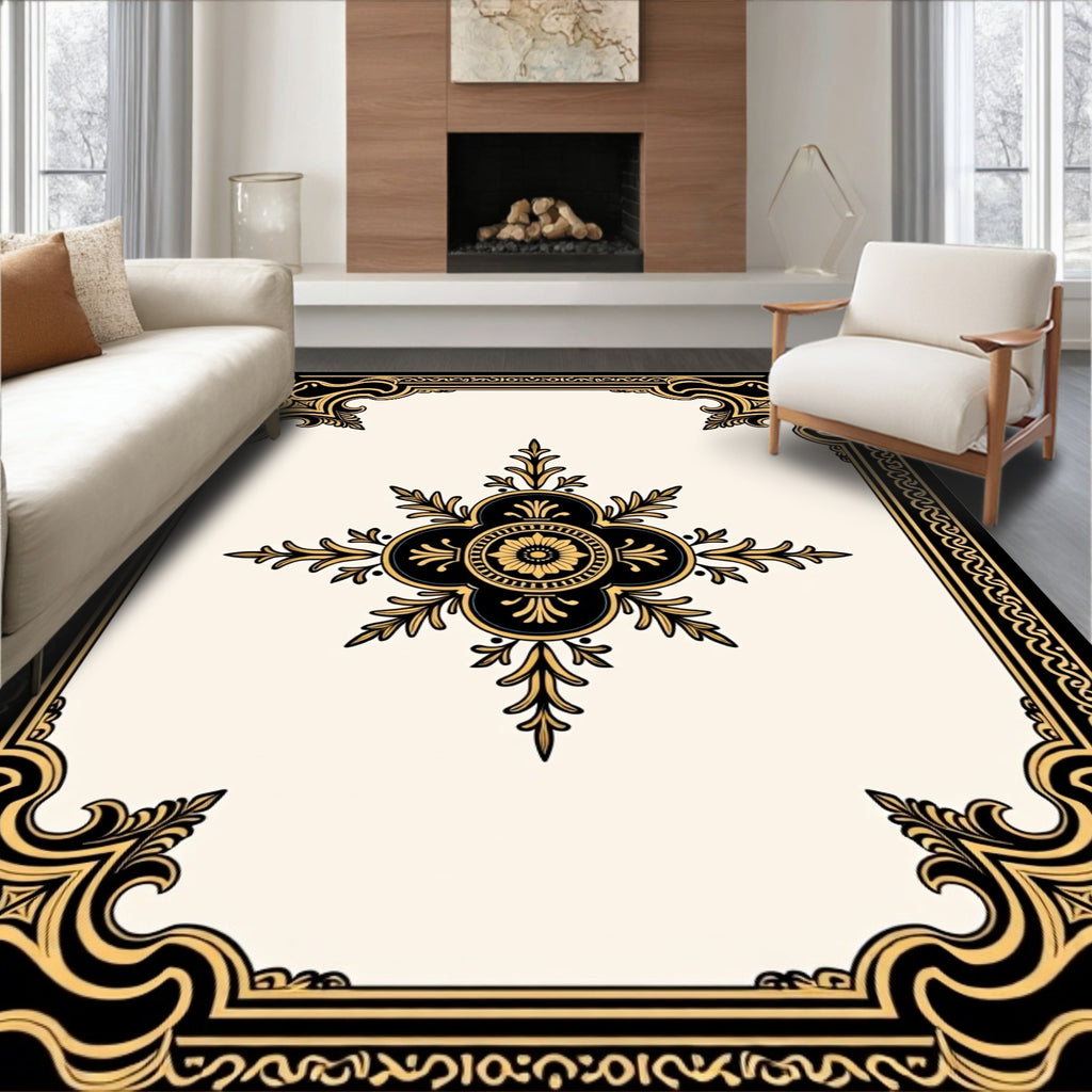 Ornate Gold Black Floral Medallion Rug