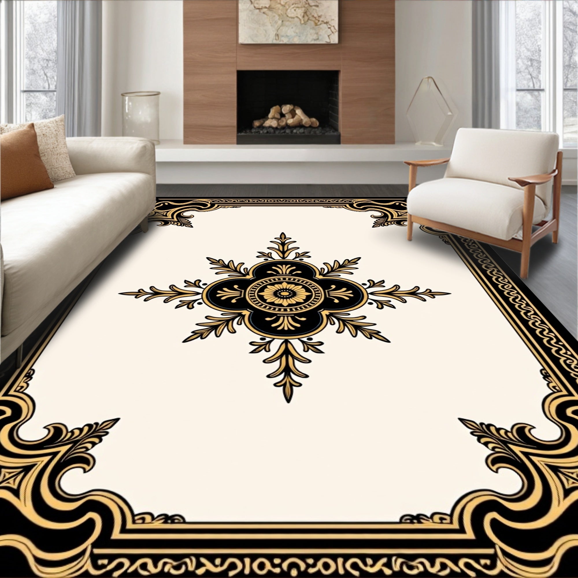 Ornate Gold Black Floral Medallion Rug