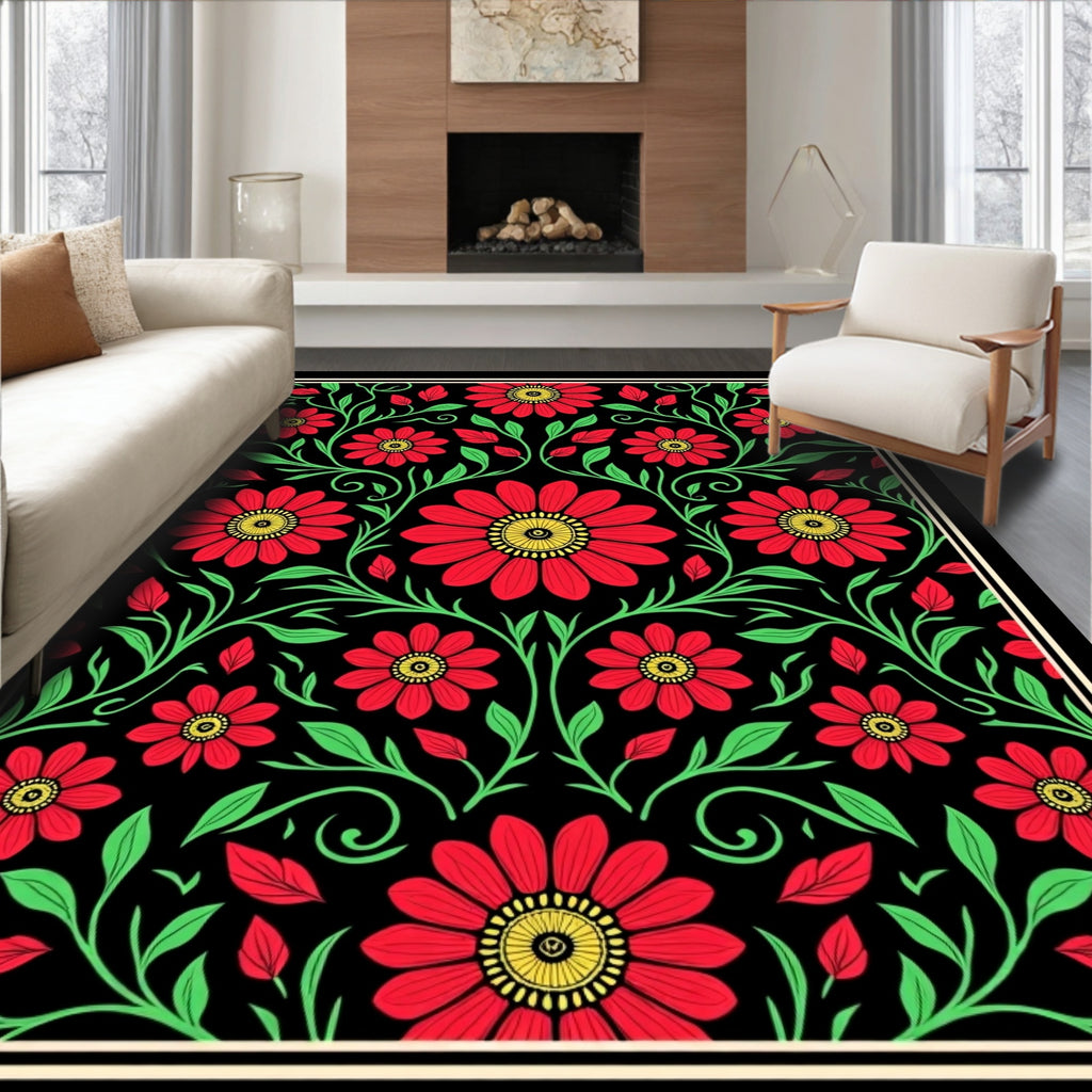 Vibrant Red Floral Vine Jacobean Rug
