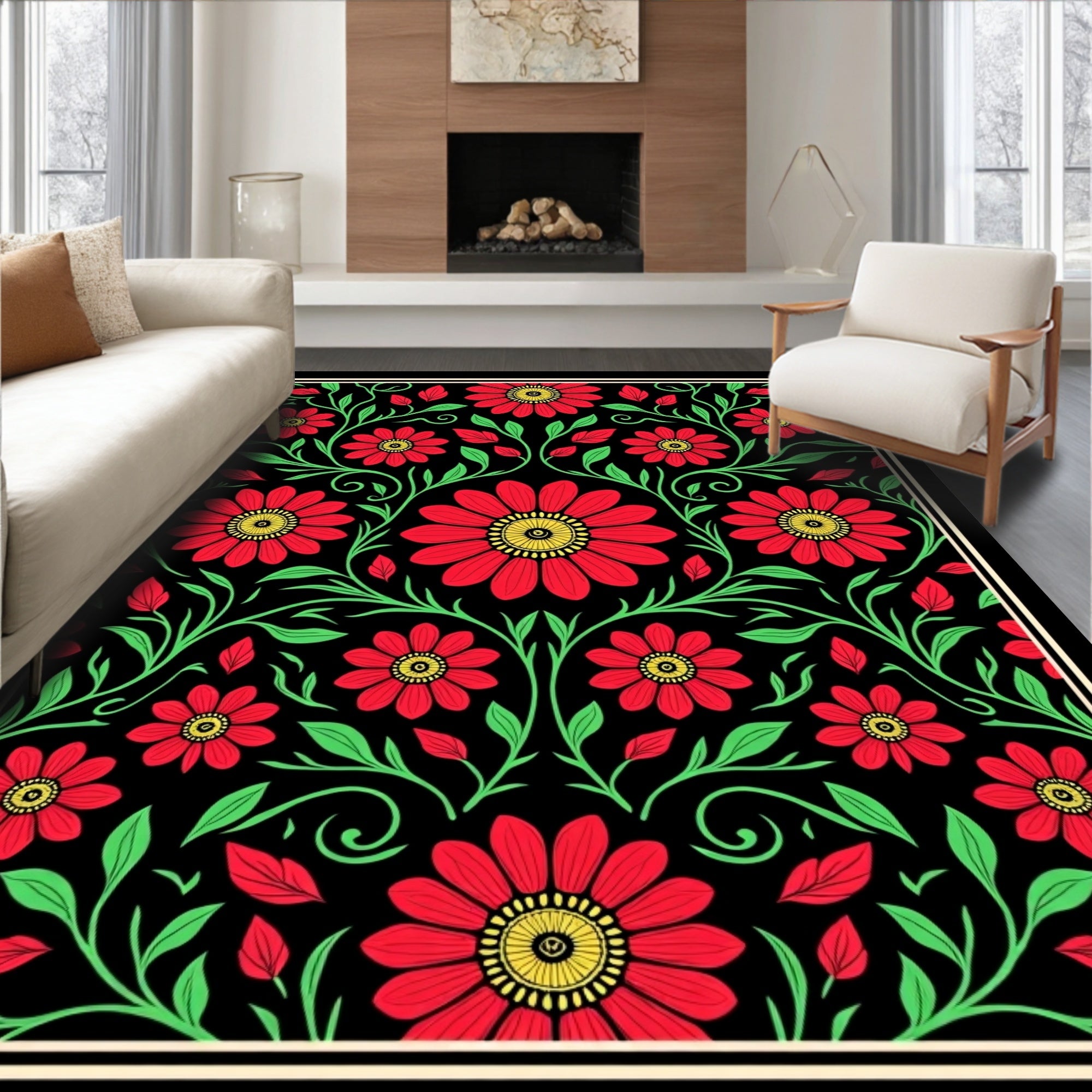 Vibrant Red Floral Vine Jacobean Rug