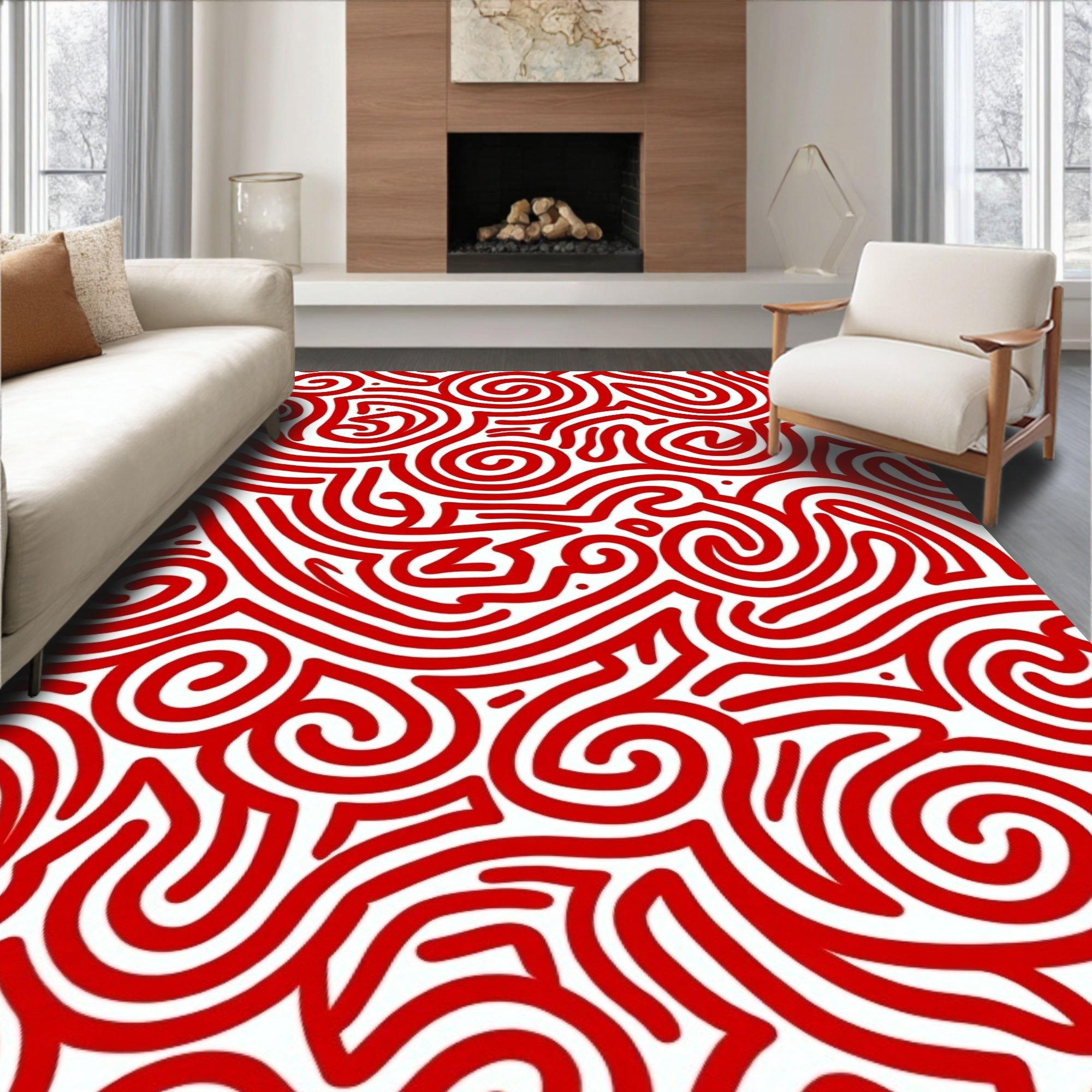 Crimson Swirl Abstract Lines Rug