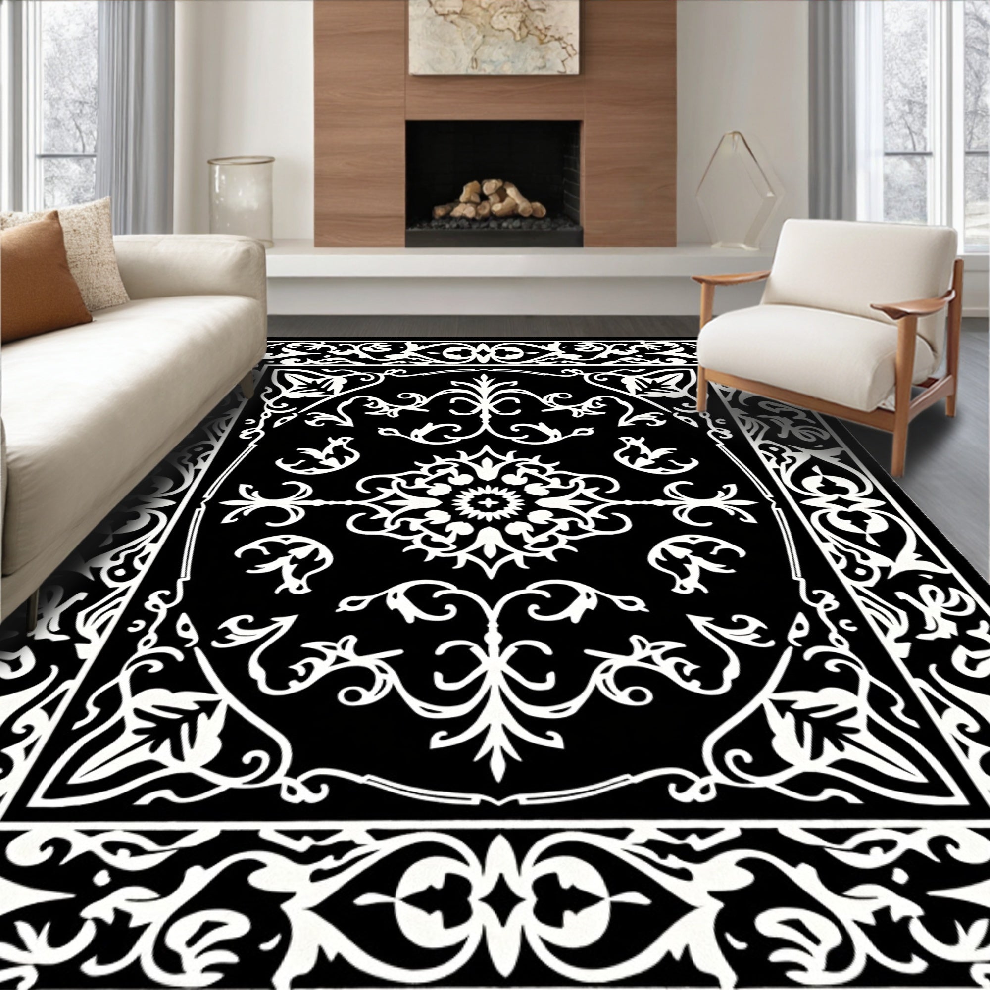 Classic Black White Ornate Medallion Rug