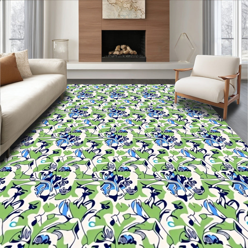 Contemporary Blue Green Floral Bloom Rug