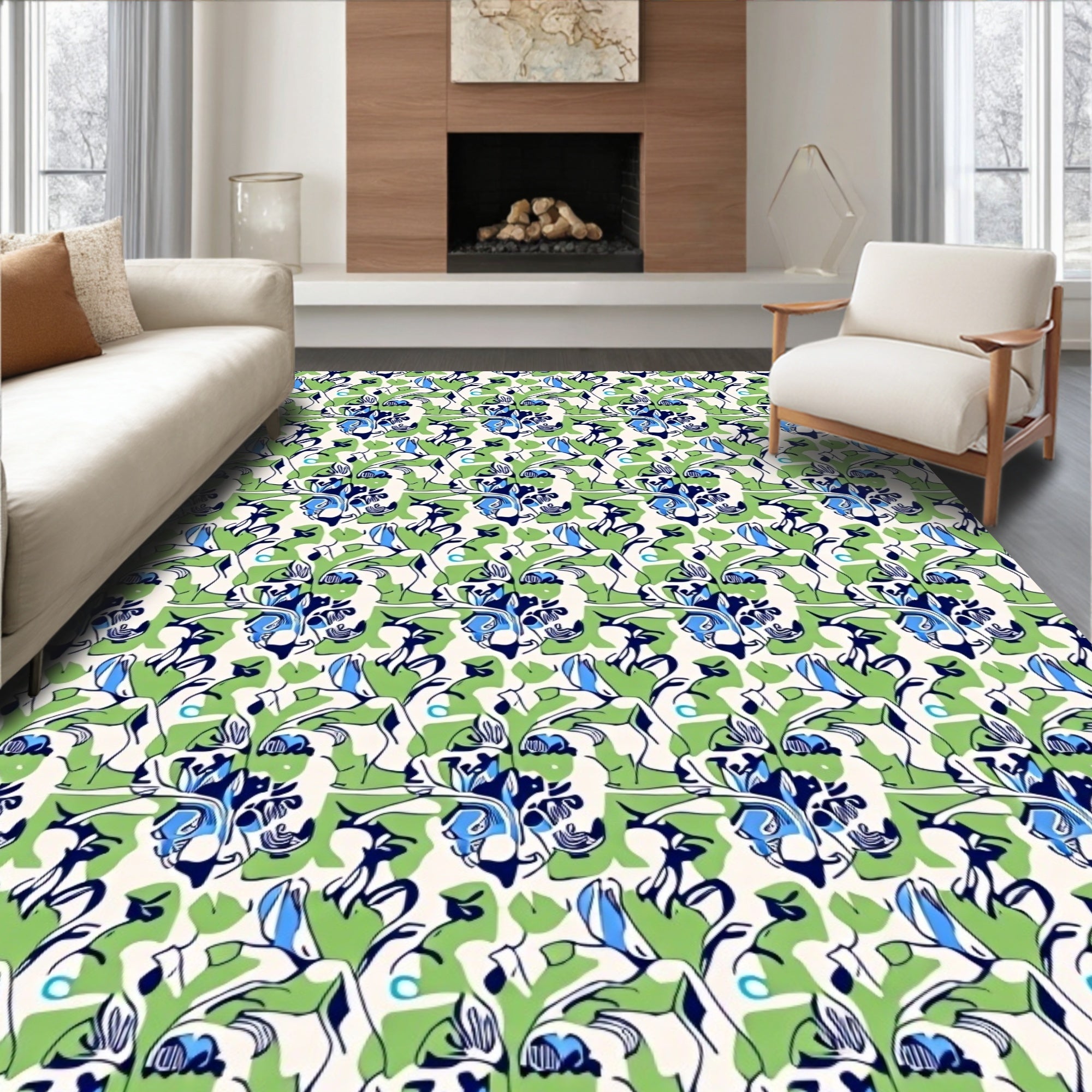 Contemporary Blue Green Floral Bloom Rug