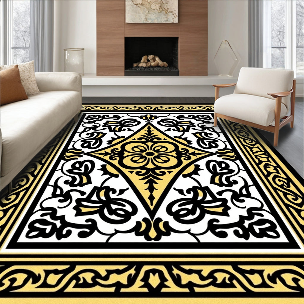 Gold Black Elaborate Floral Diamond Rug