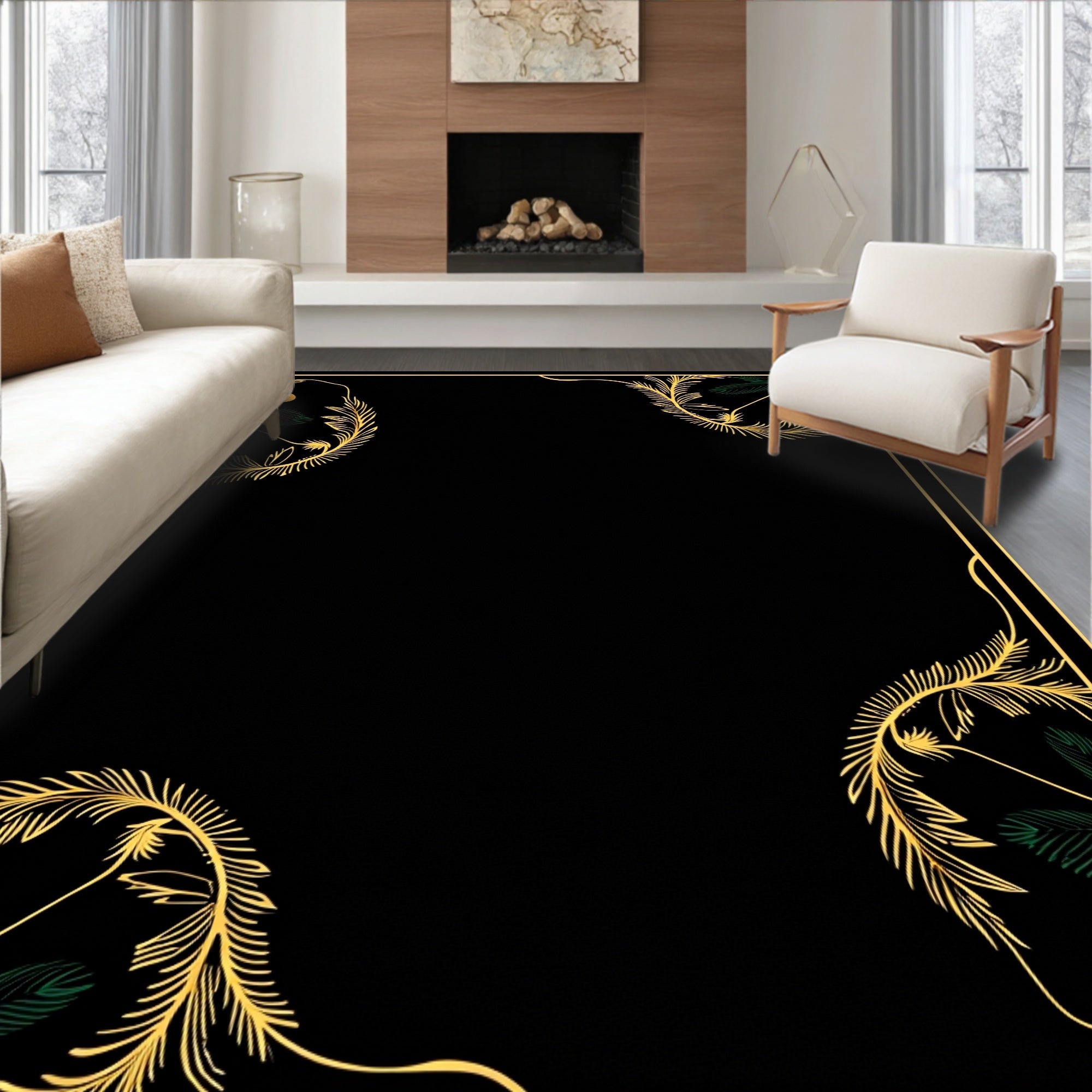 Elegant Gold Green Leaf Heart Border Rug