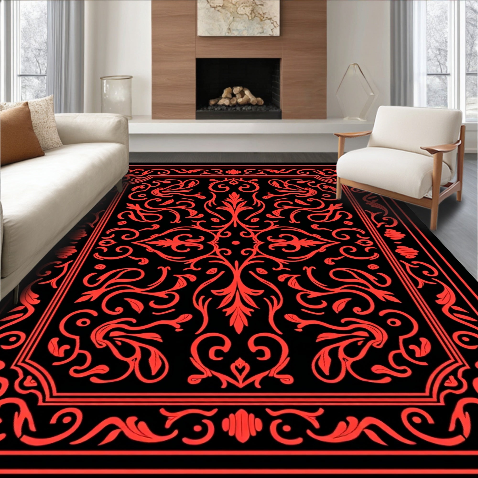 Red Acanthus Scroll Border Art Rug