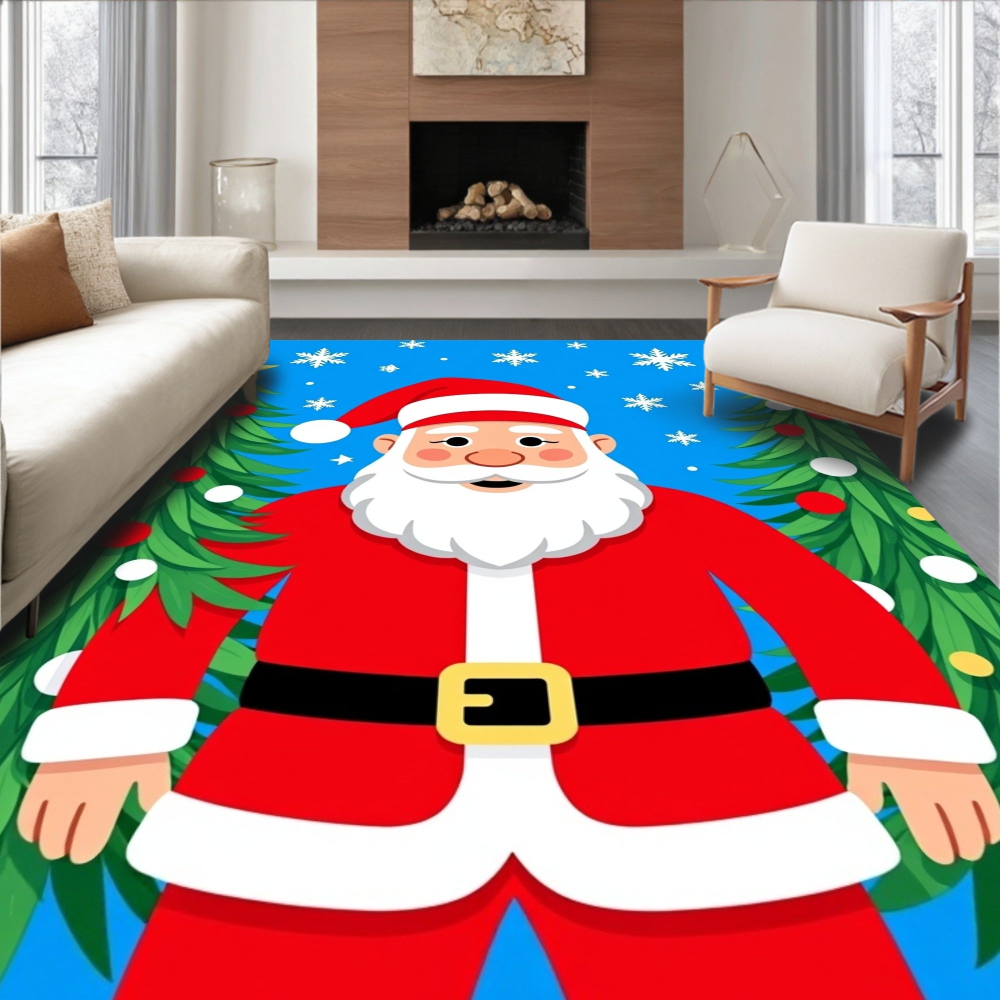 Merry Santa Claus and Snowflakes Festive Trees Rug