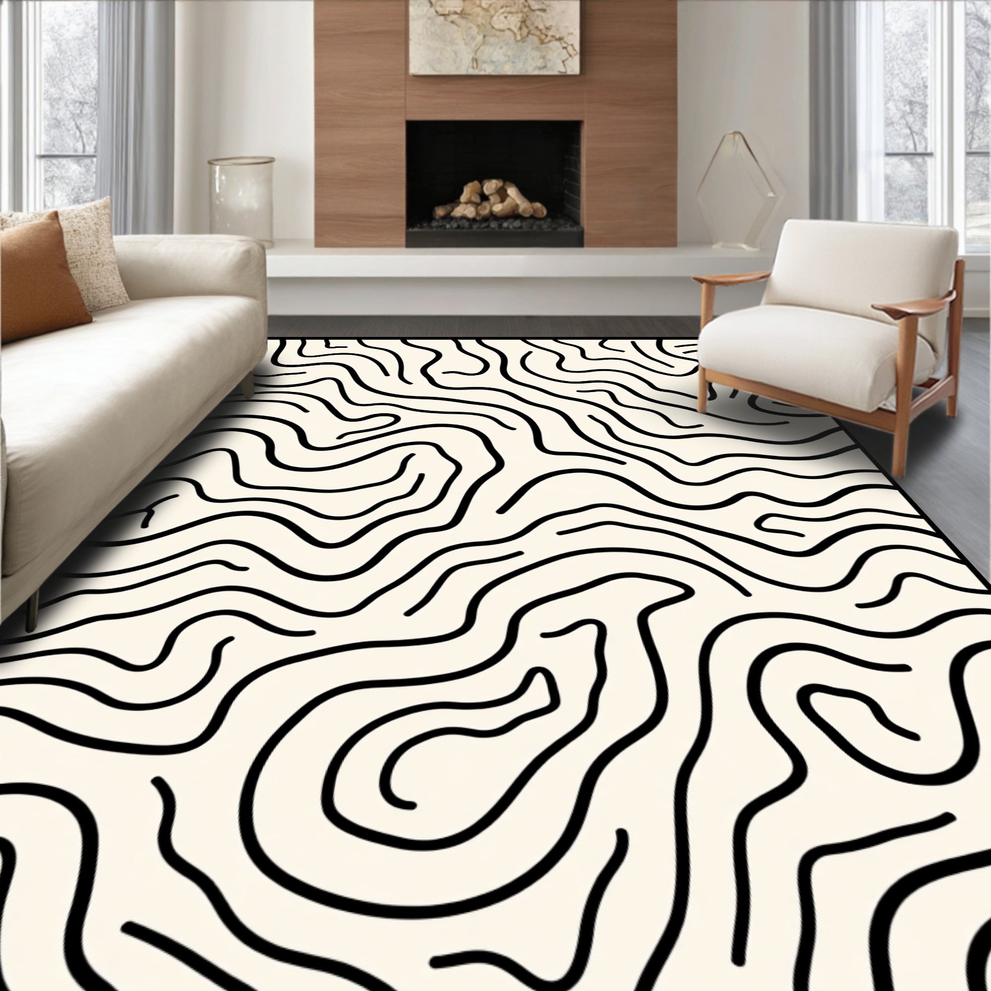 Cream Black Wavy Line Topography Rug