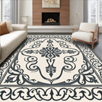 Cream Charcoal Damask Floral Medallion Rug