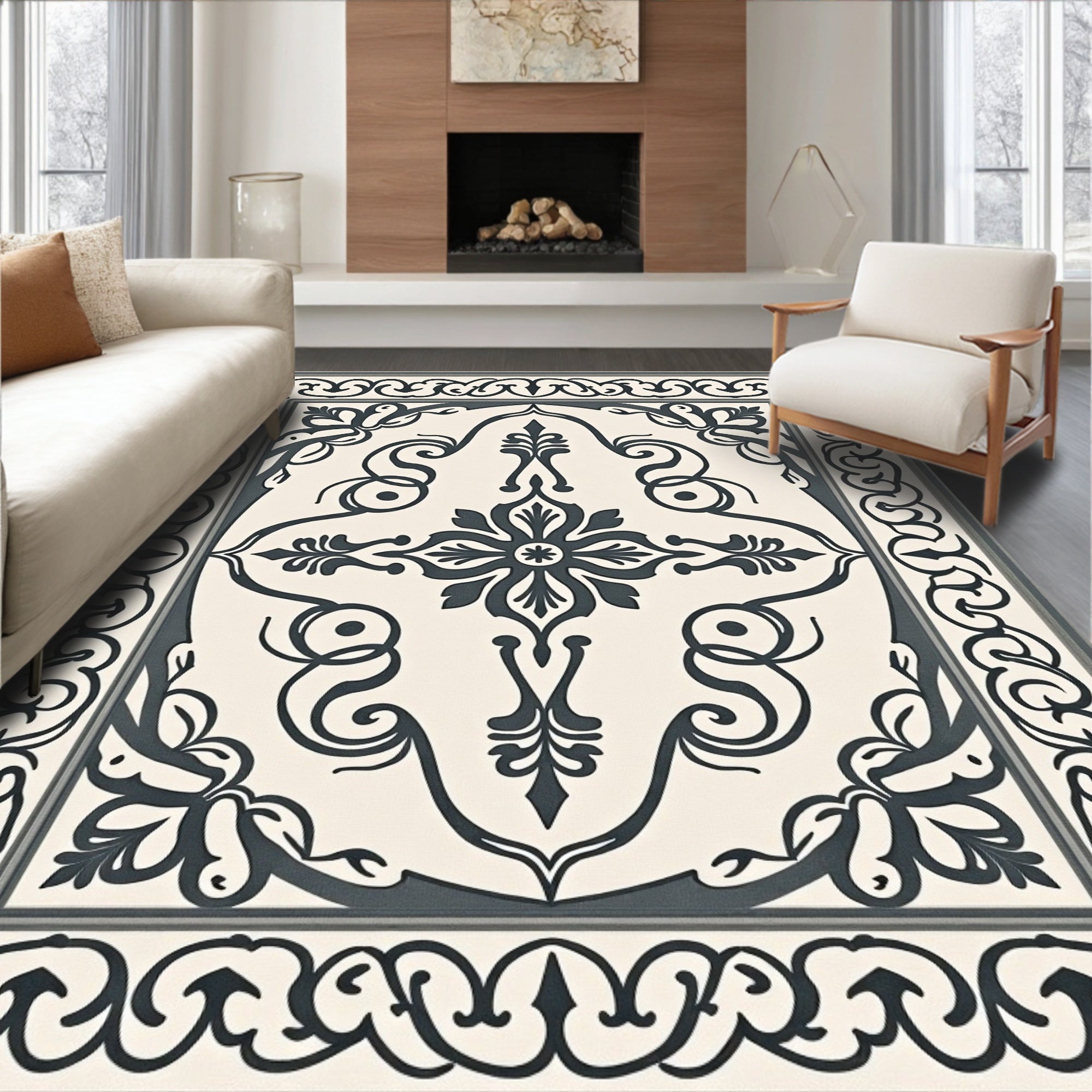Cream Charcoal Damask Floral Medallion Rug