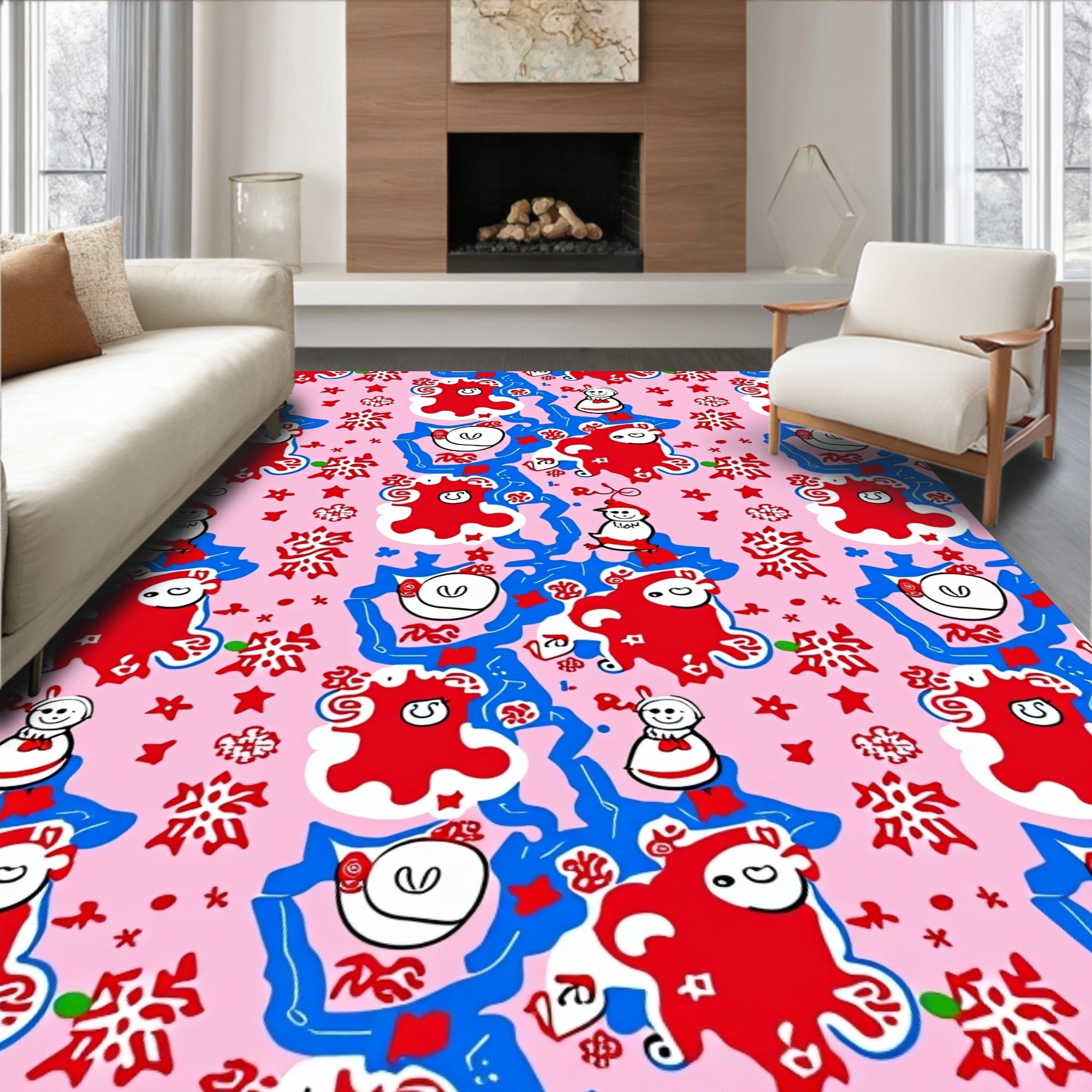 Whimsical Red Snowman Blue Snowflake Rug