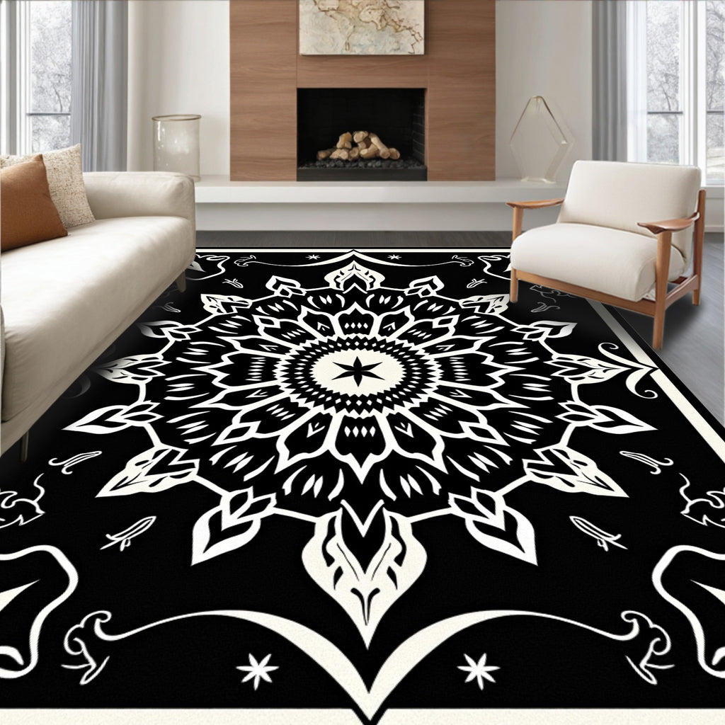 Black White Floral Mandala medallion Rug