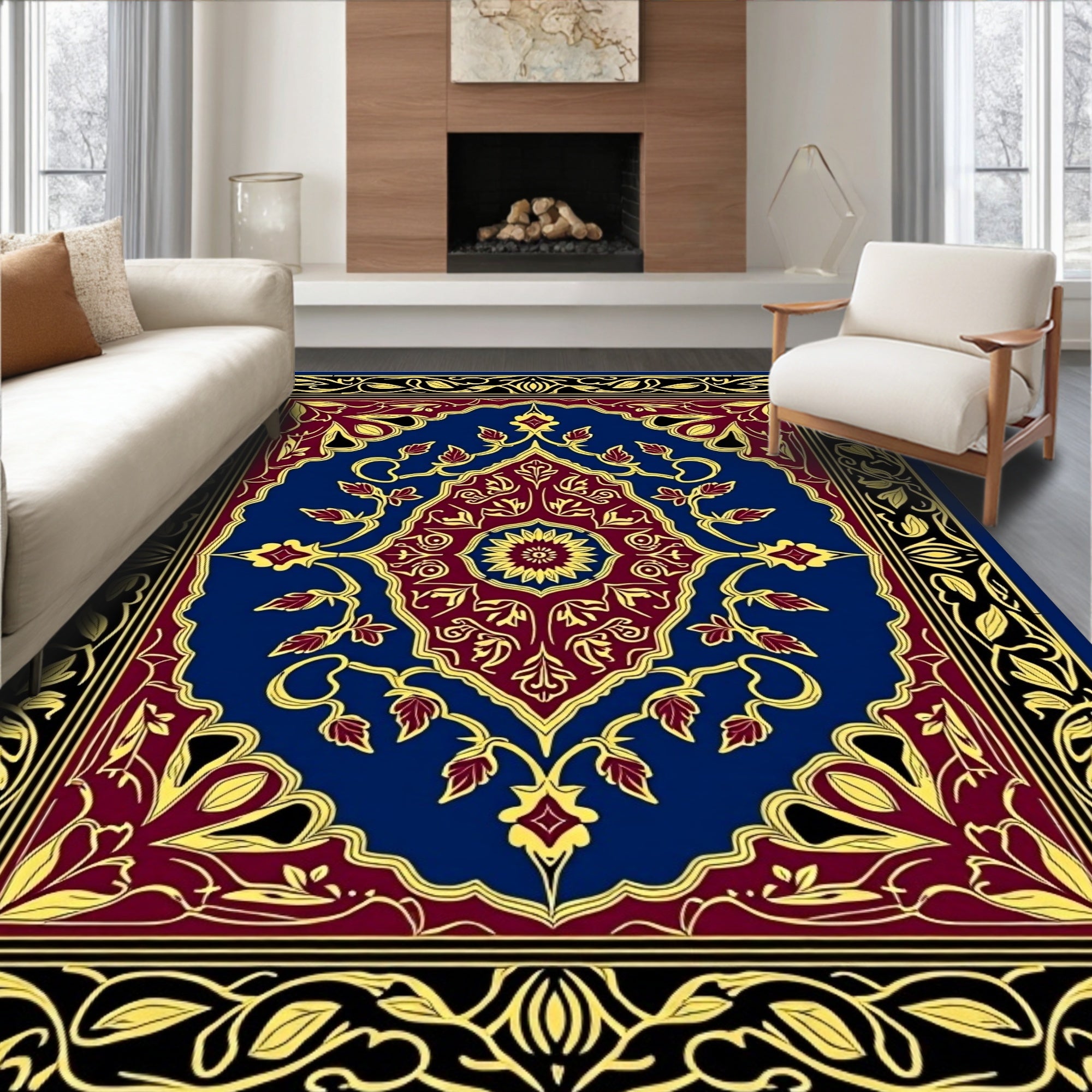 Deep Blue Crimson Gold Medallion Floral Rug