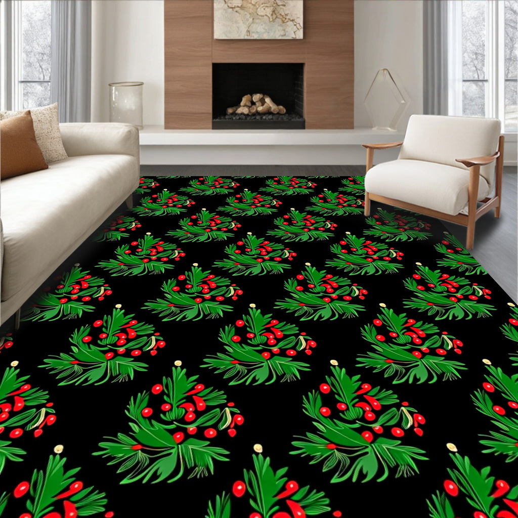 Green Holly Berry Christmas Trees Rug