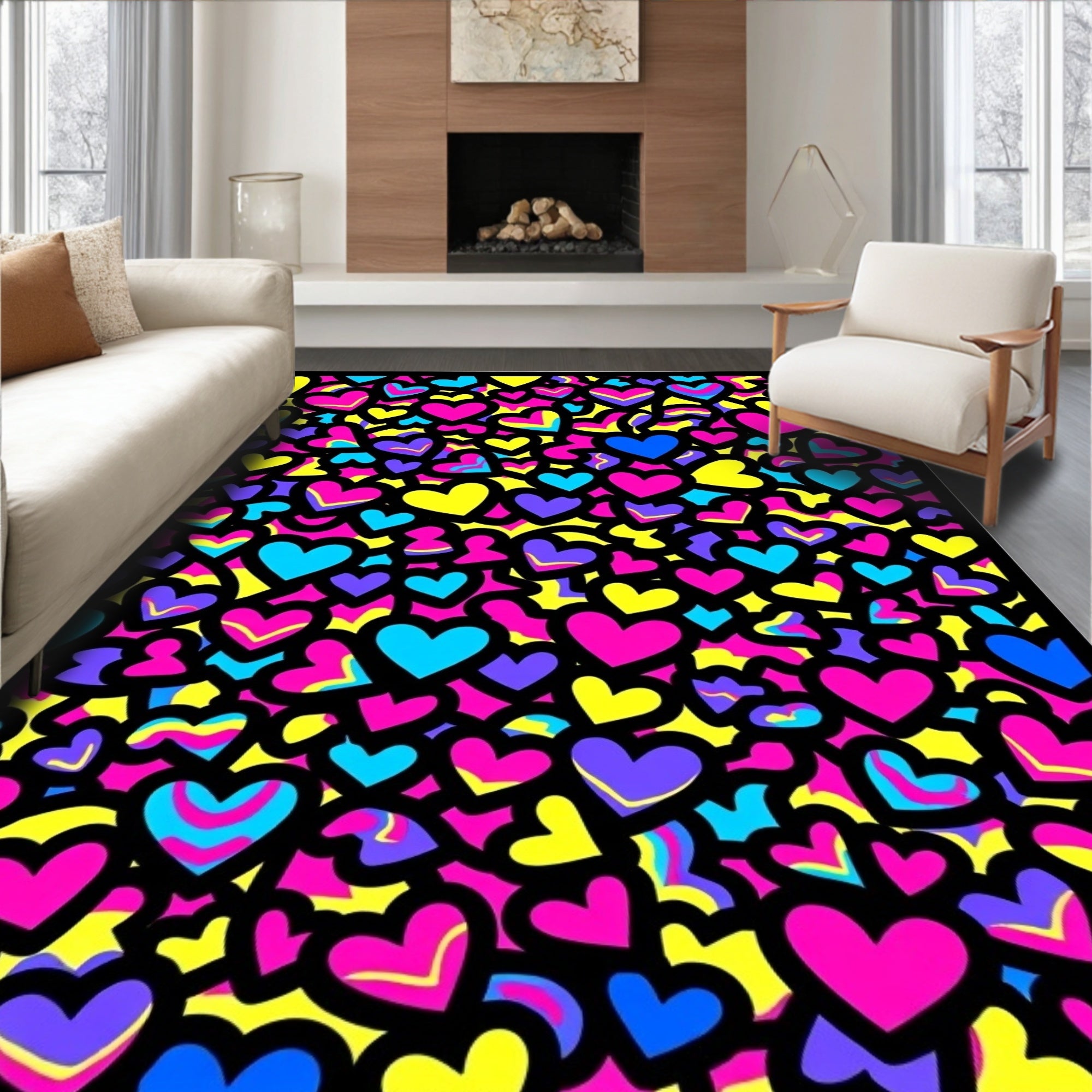 Vibrant Pink Yellow Blue Heart Collage Rug