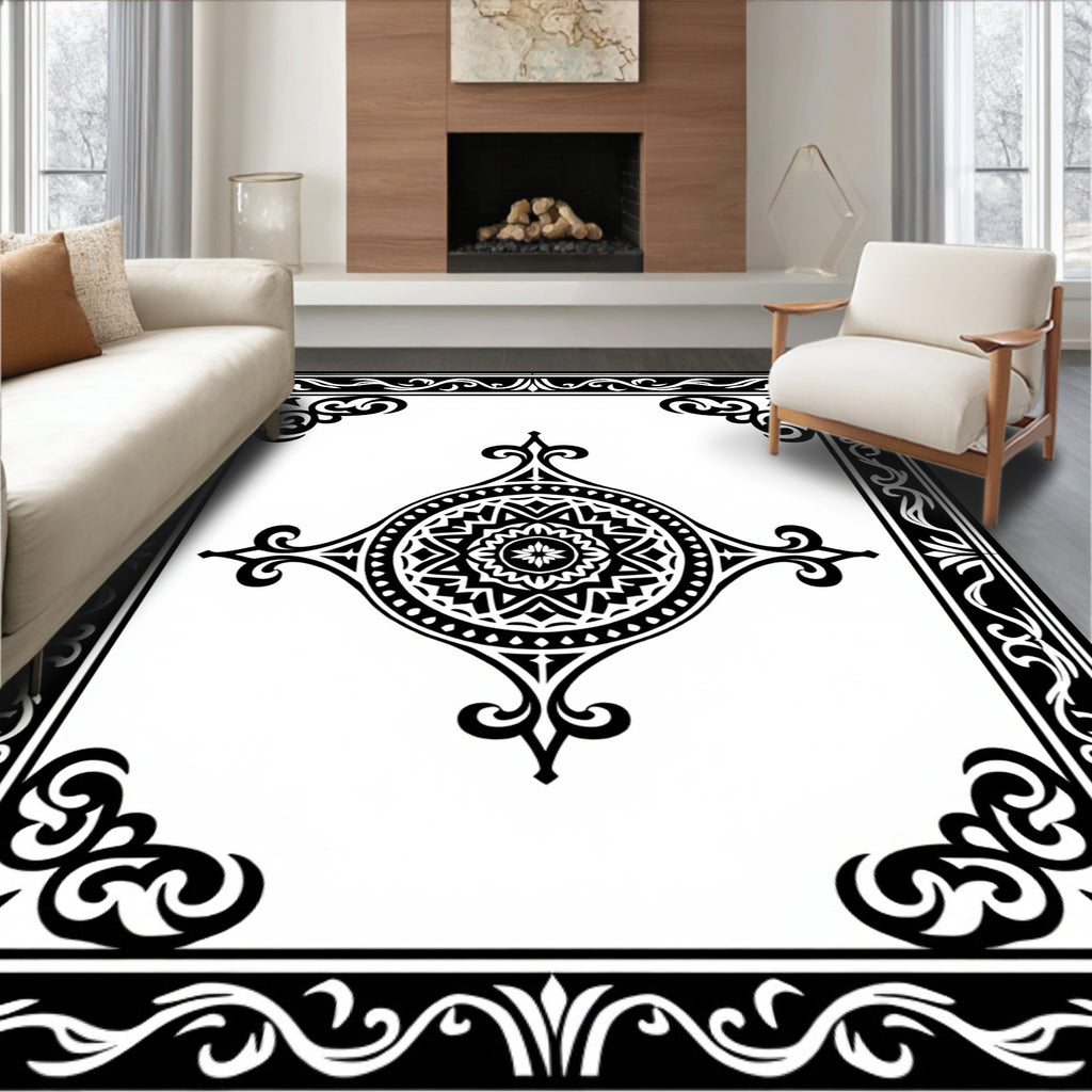 Black White Medallion Corner Border Rug