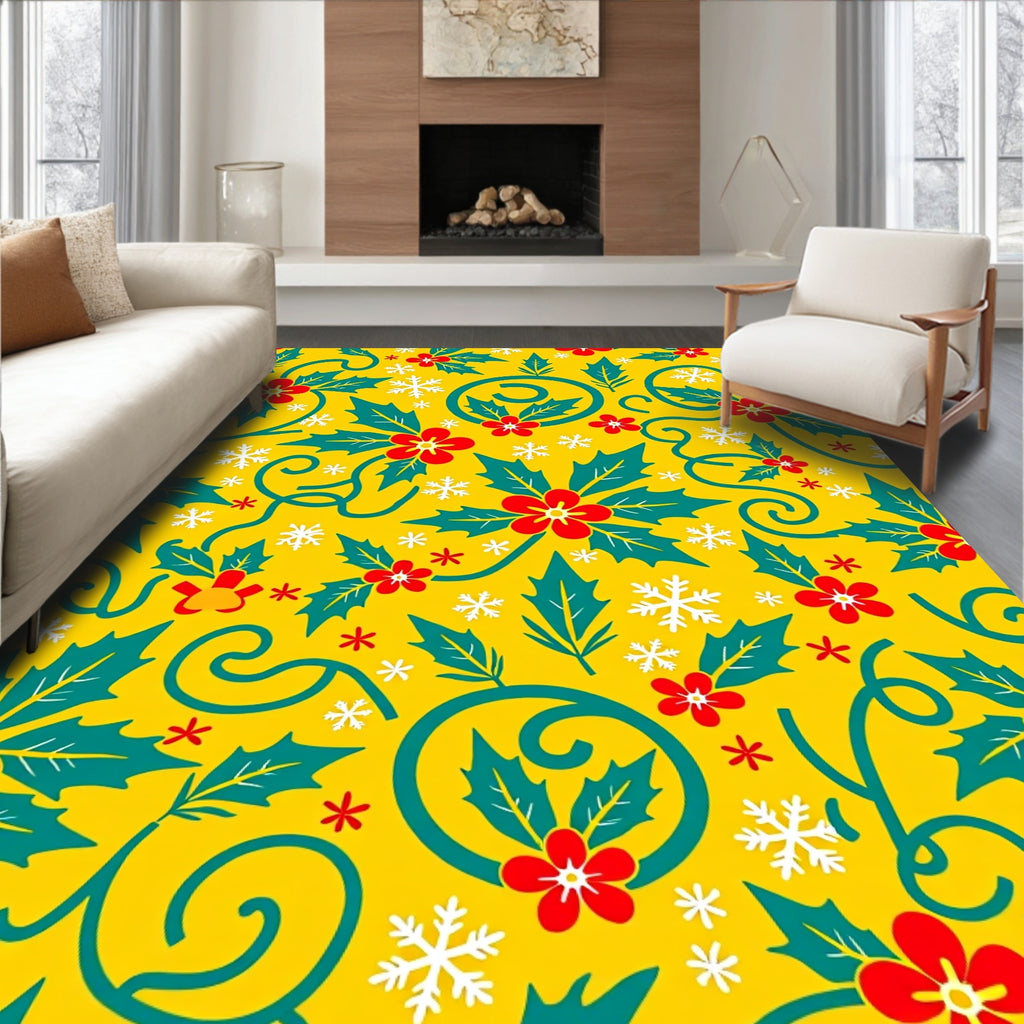 Golden Holly Flower Snowflake Swirls Rug