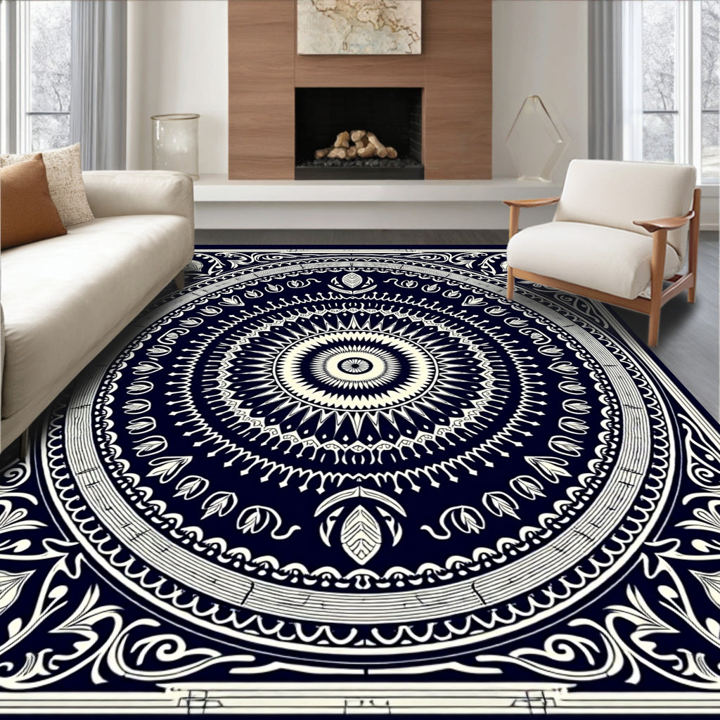 Deep Blue Cream Nested Mandala Rug