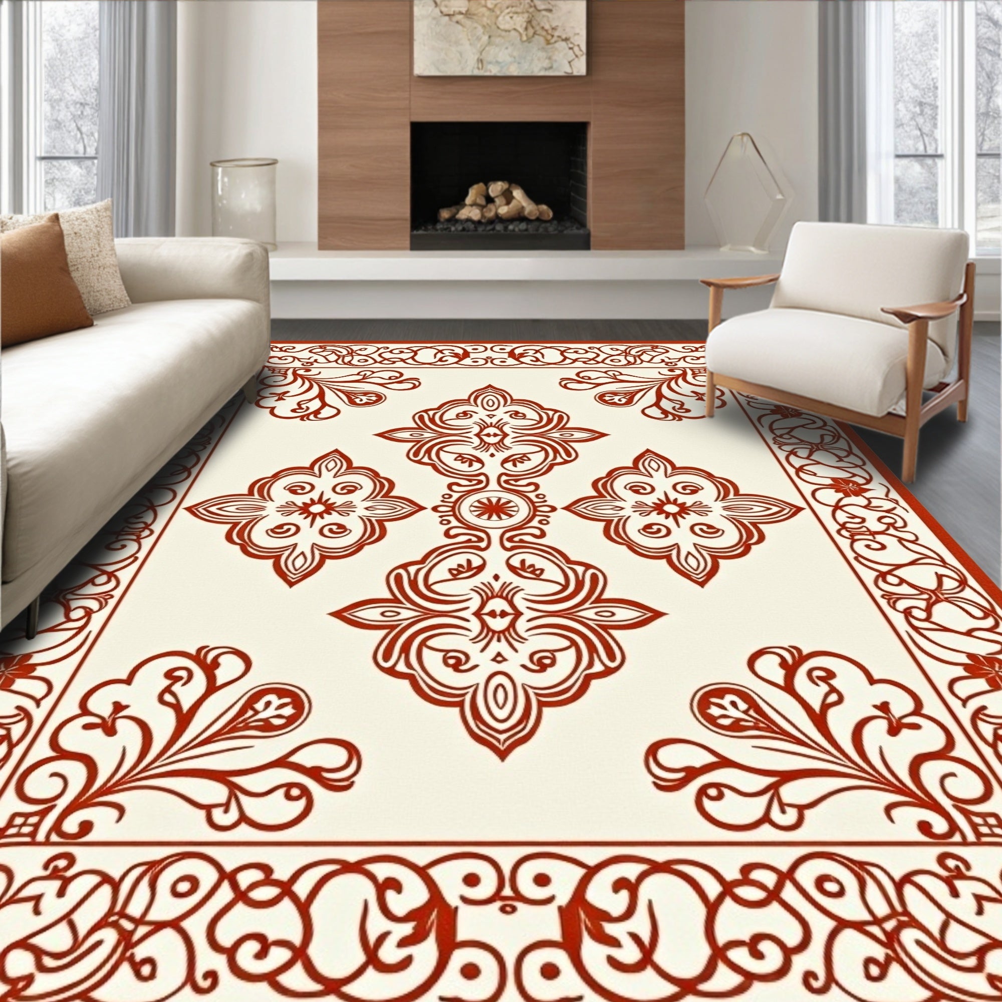 Crimson Ivory Scrollwork Medallion Rug