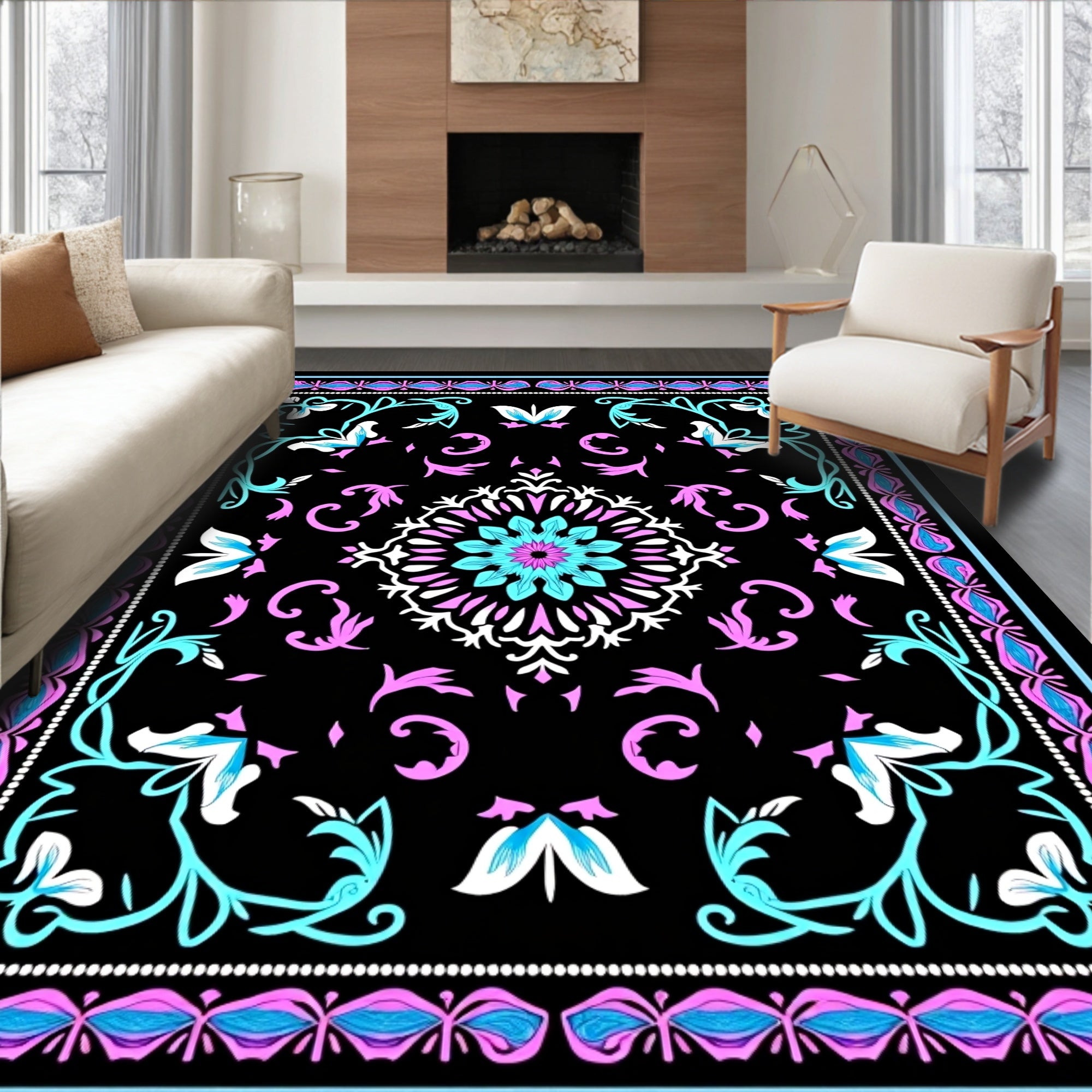 Turquoise Pink Floral Geometric Medallion Rug