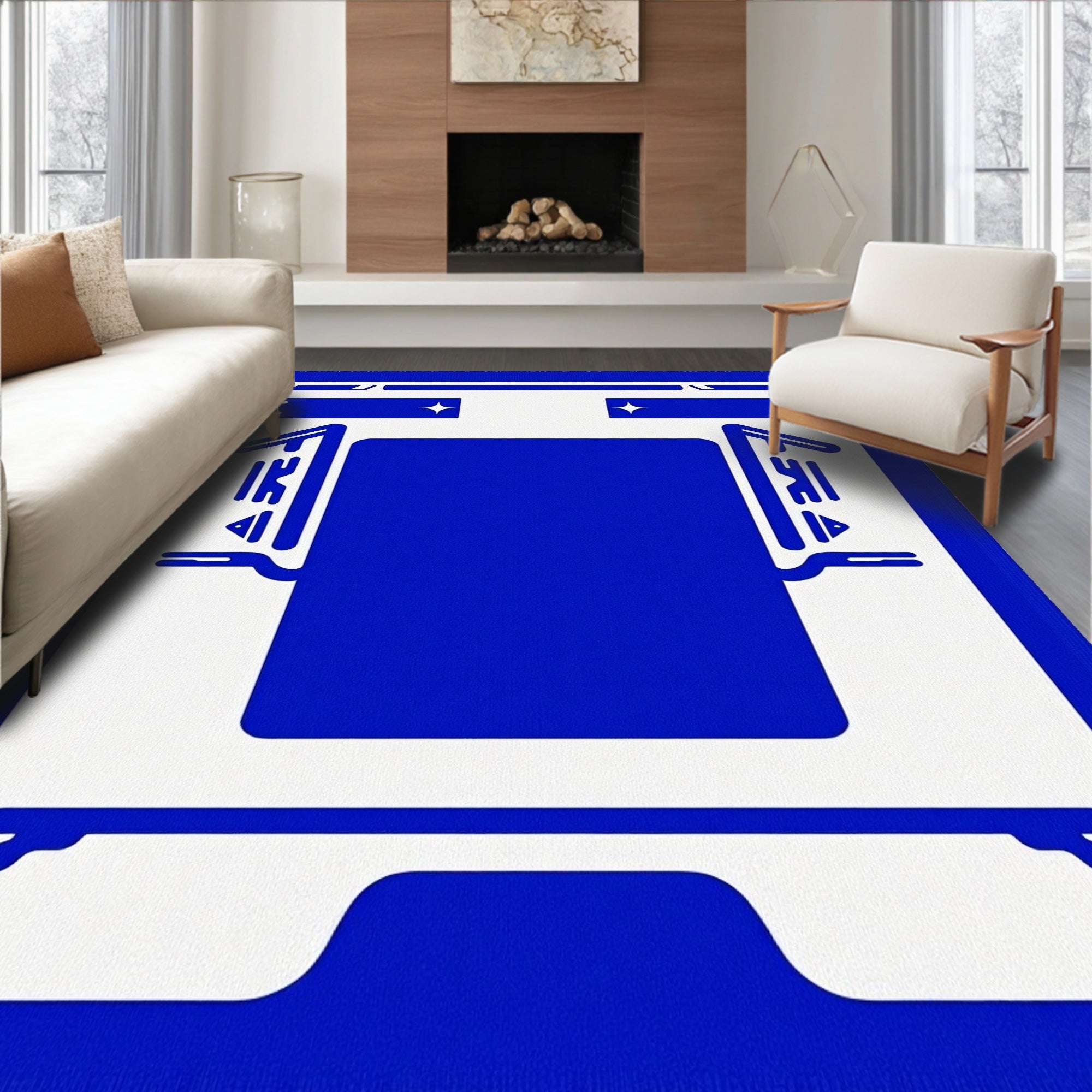 Geometric Royal Blue Abstract Frame Rug