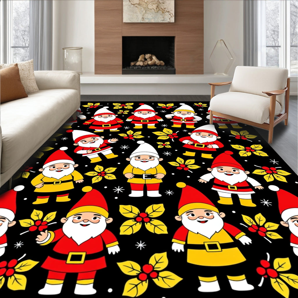 Charming Red Yellow Gnome Christmas Scene Rug