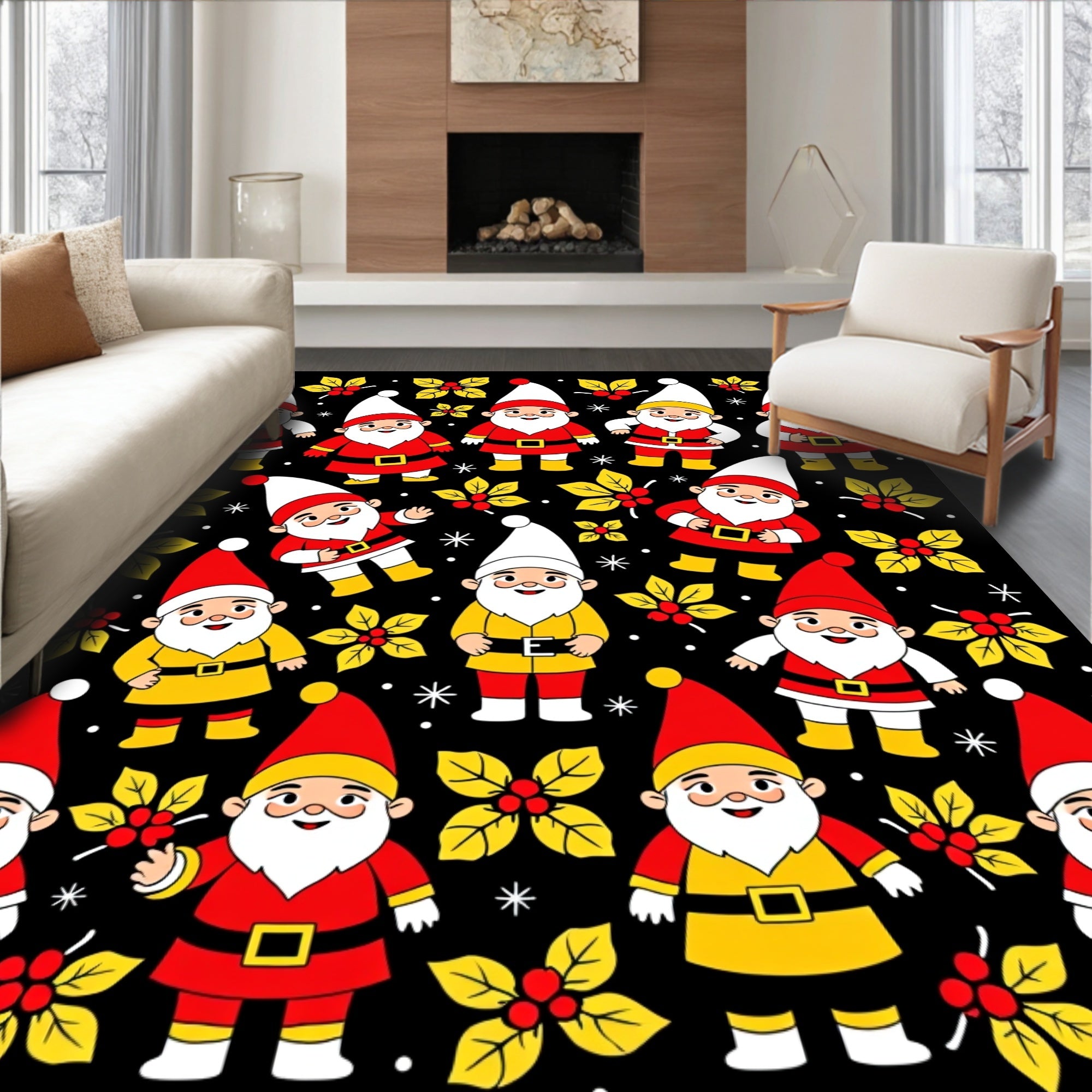 Charming Red Yellow Gnome Christmas Scene Rug