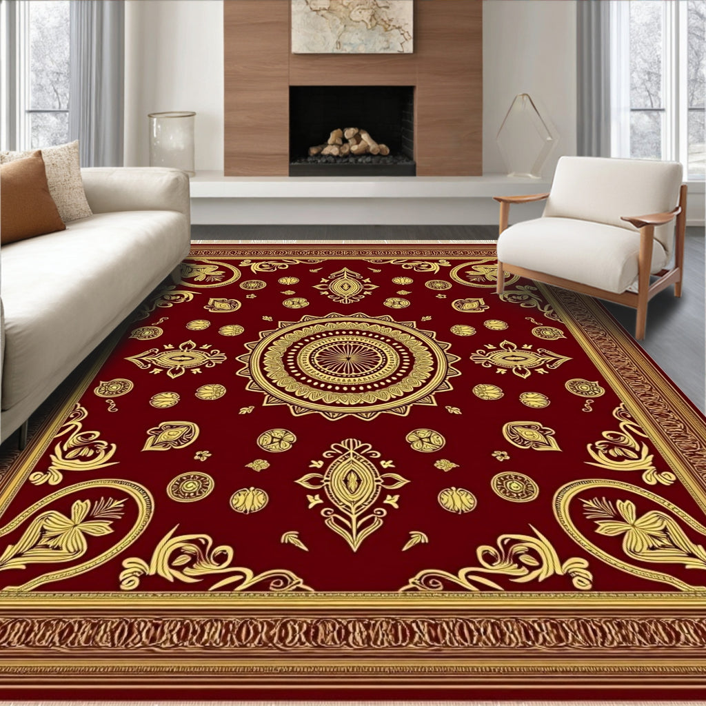 Deep Red Gold Medallion Floral Rug