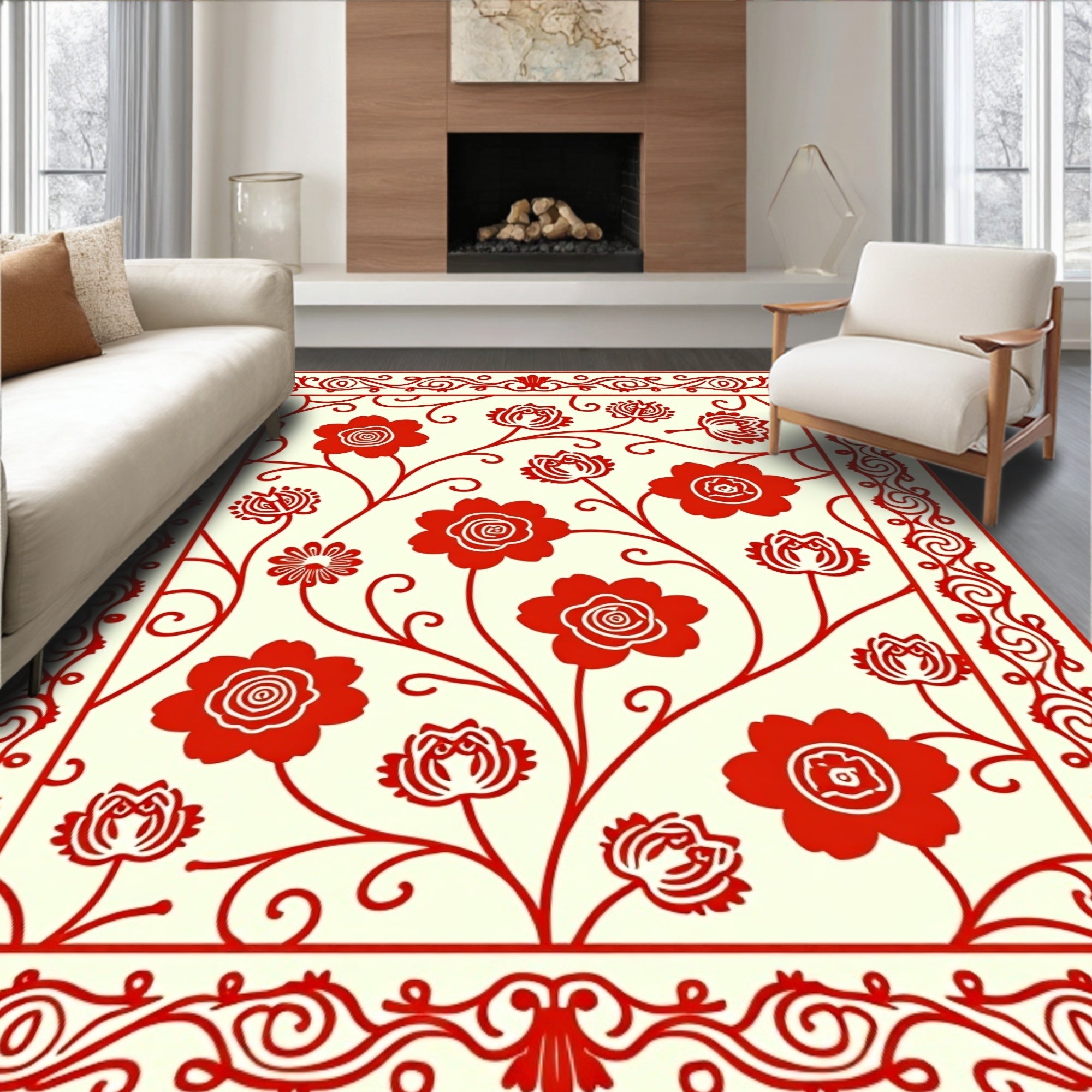 Scarlet Blossom Swirls Border Rug