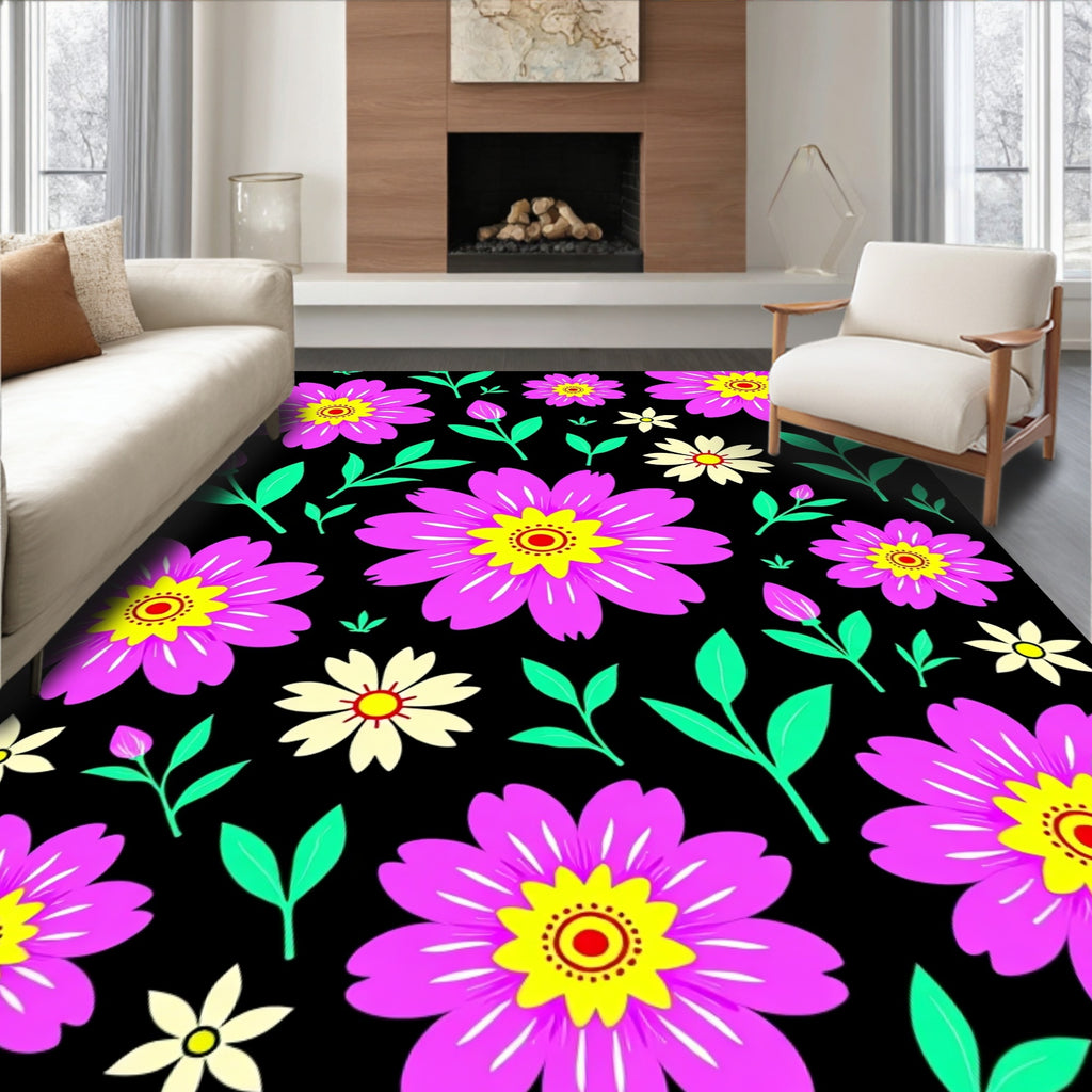 Vibrant Pink Yellow Flower Garden Rug