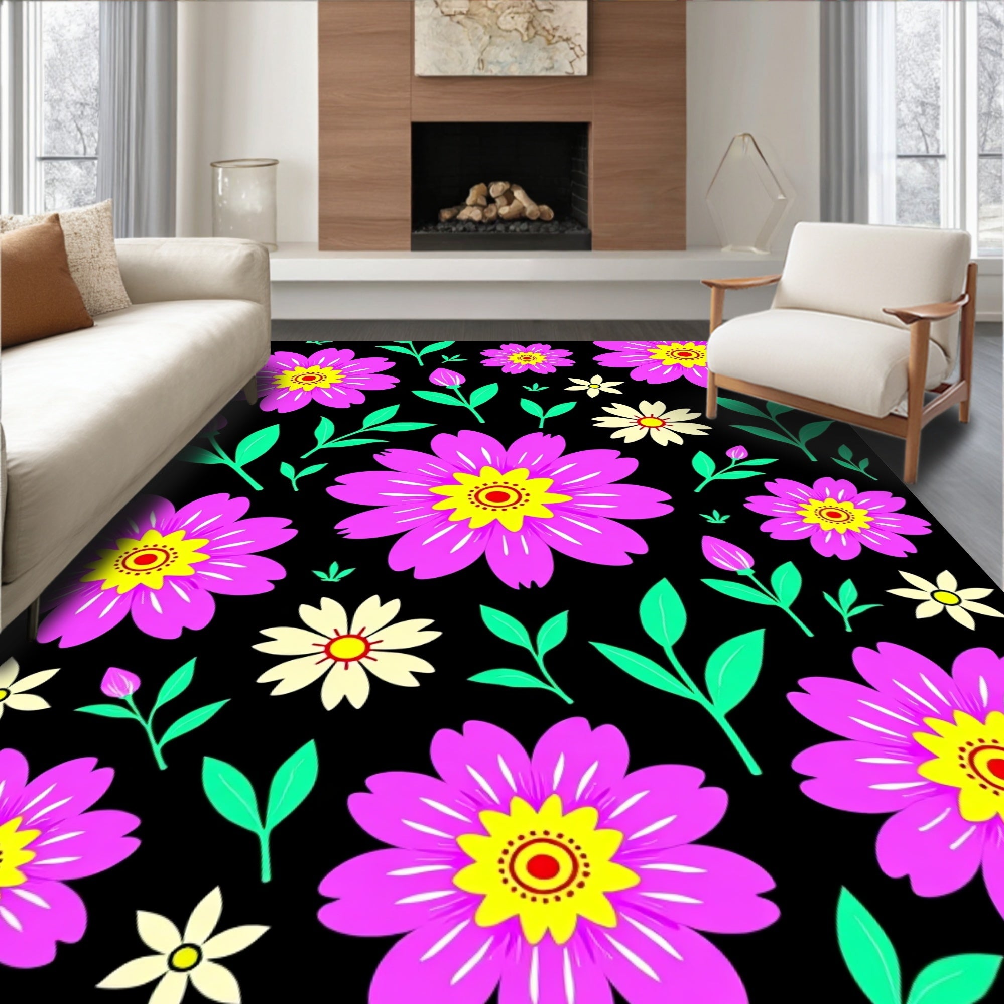 Vibrant Pink Yellow Flower Garden Rug