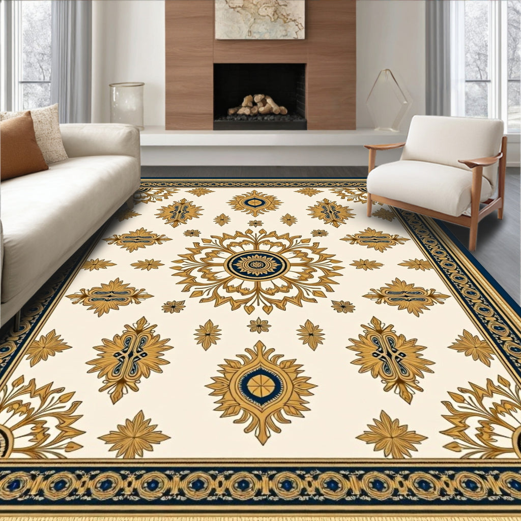 Ornate Floral Medallion Cream Navy Rug