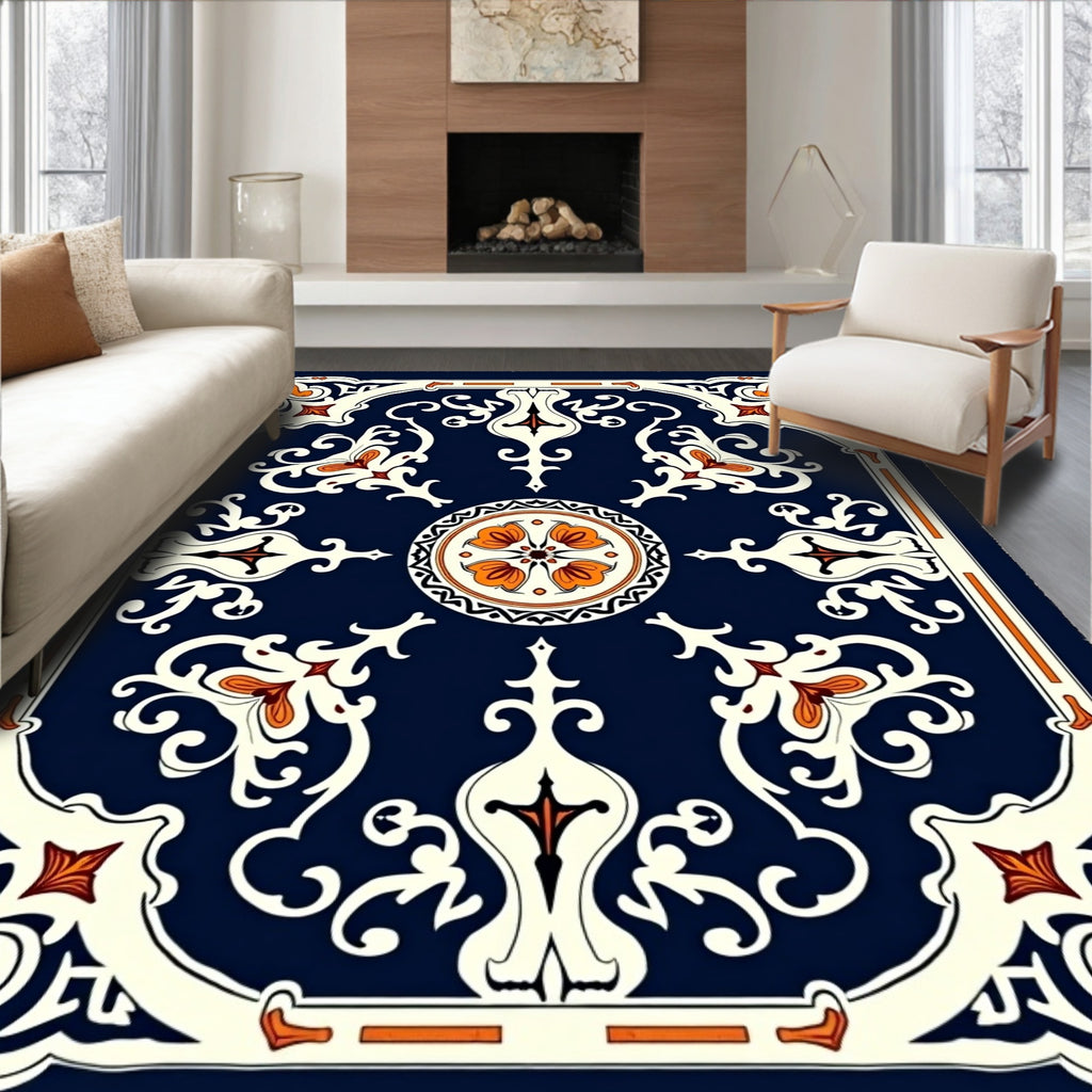 Navy Orange Floral Garden Medallion Rug