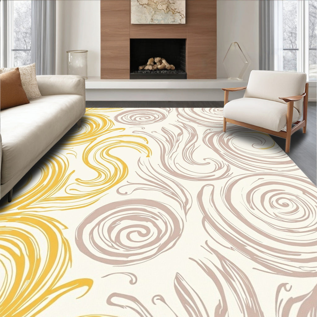 Golden Beige Swirl Botanical Rug