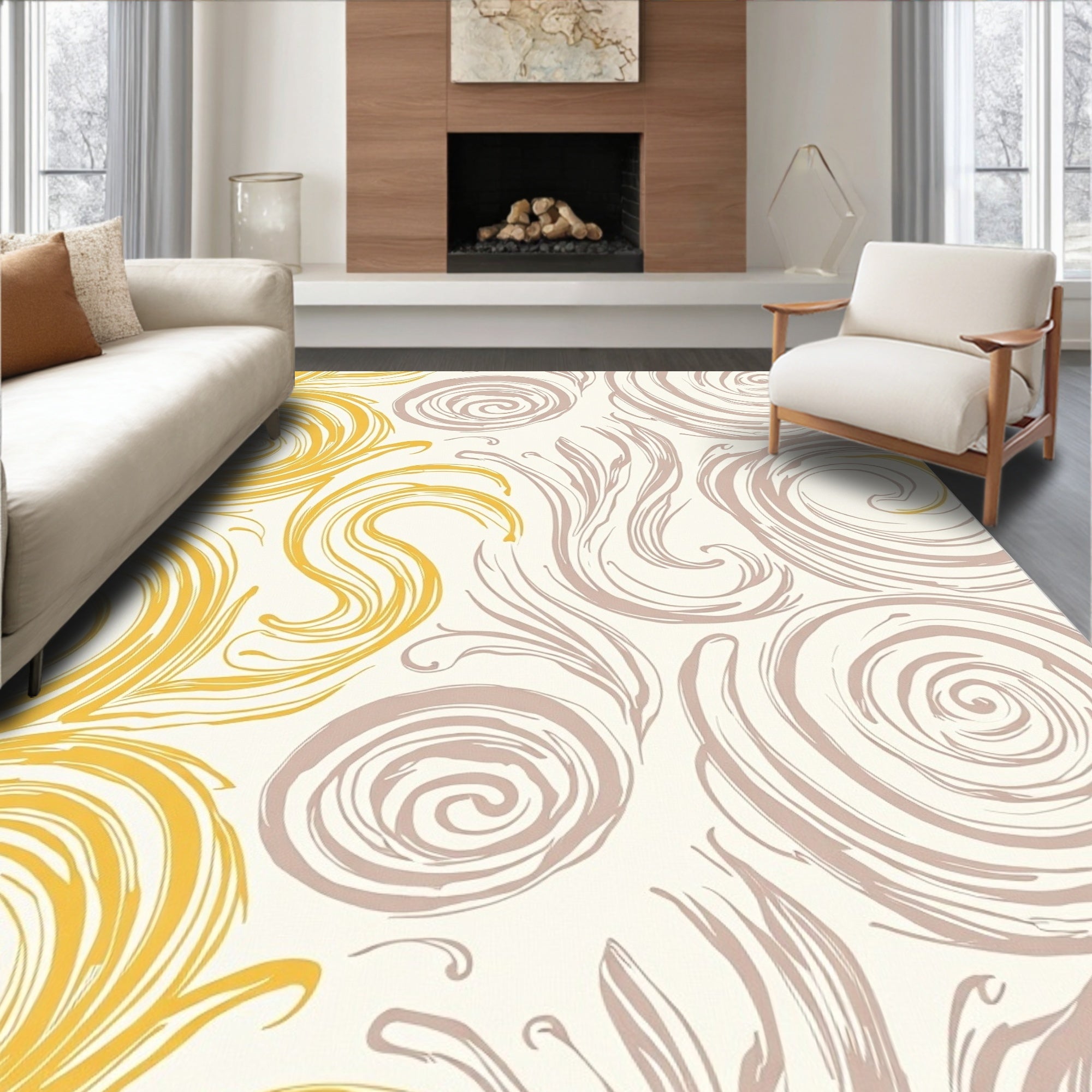 Golden Beige Swirl Botanical Rug