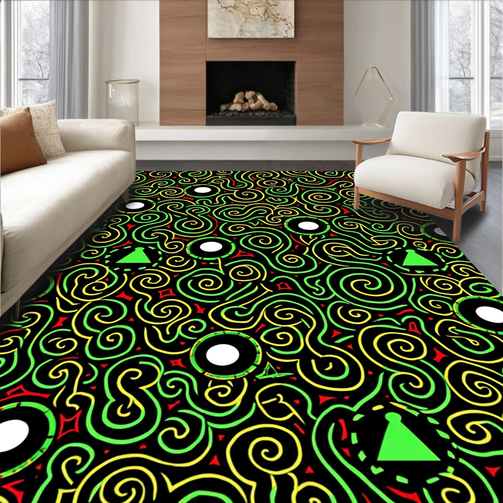 Black Green Yellow Swirl Geometric Rounds Rug