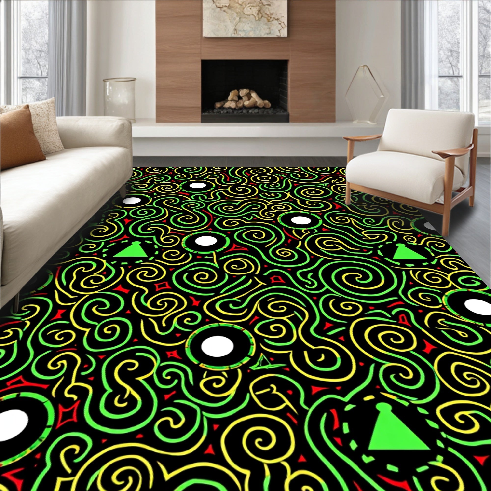 Black Green Yellow Swirl Geometric Rounds Rug