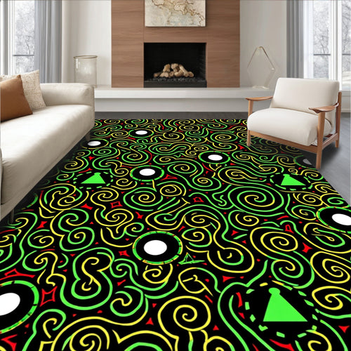 Black Green Yellow Swirl Geometric Rounds Rug