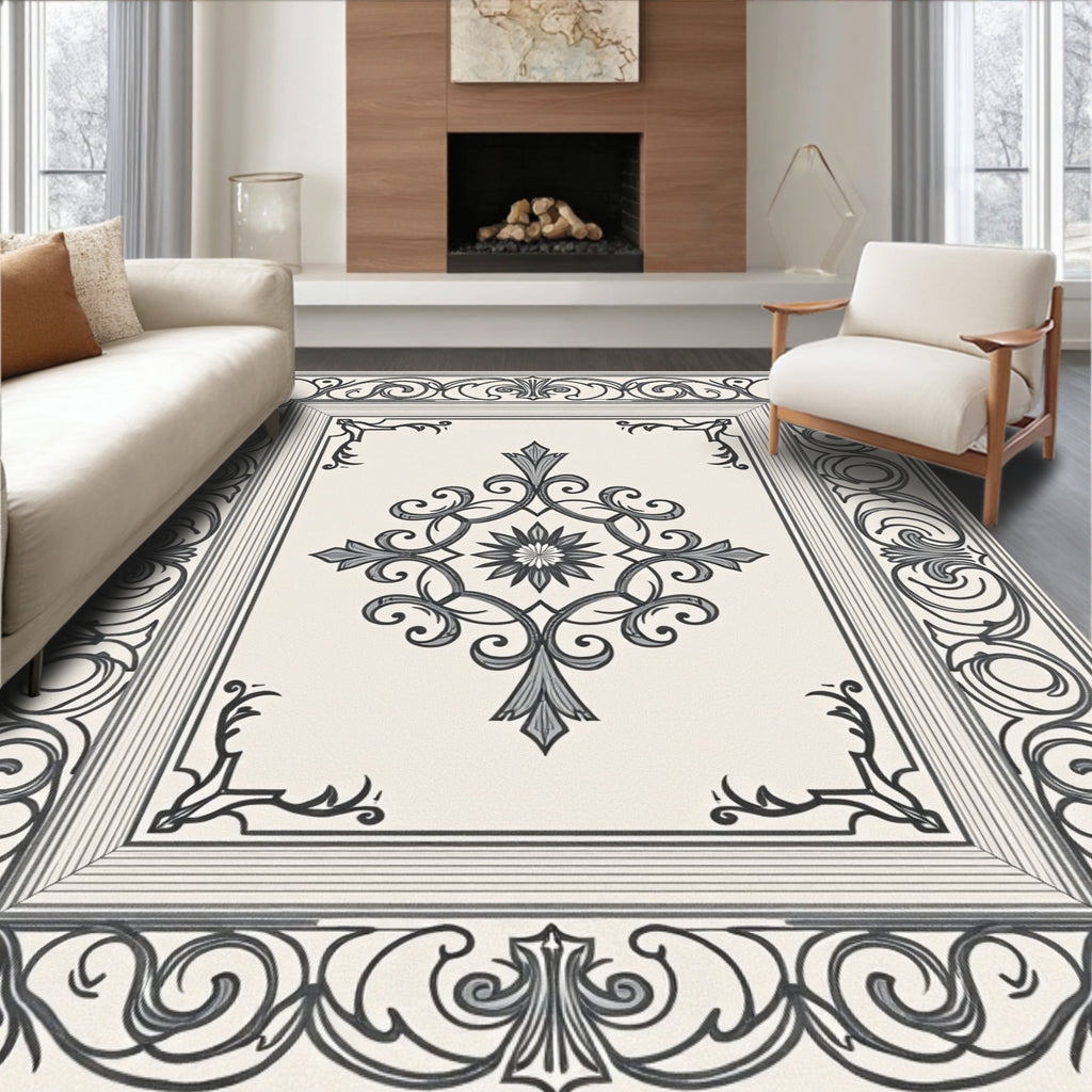 Elegant Black and Cream Floral Medallion Rug